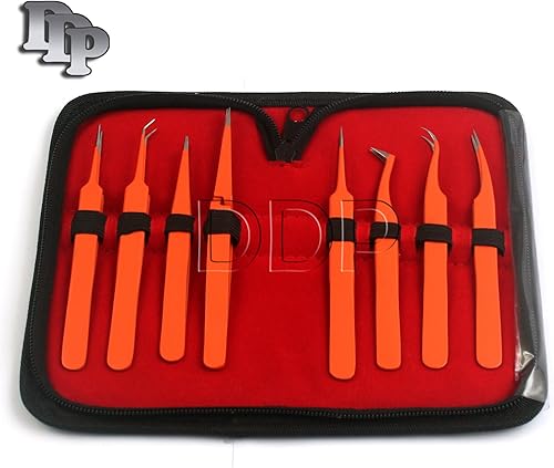 DDP Juego de 8 pinzas antiestáticas antiestáticas de precisión de color naranja, pinzas de acero inoxidable para electrónica, joyería, trabajo de