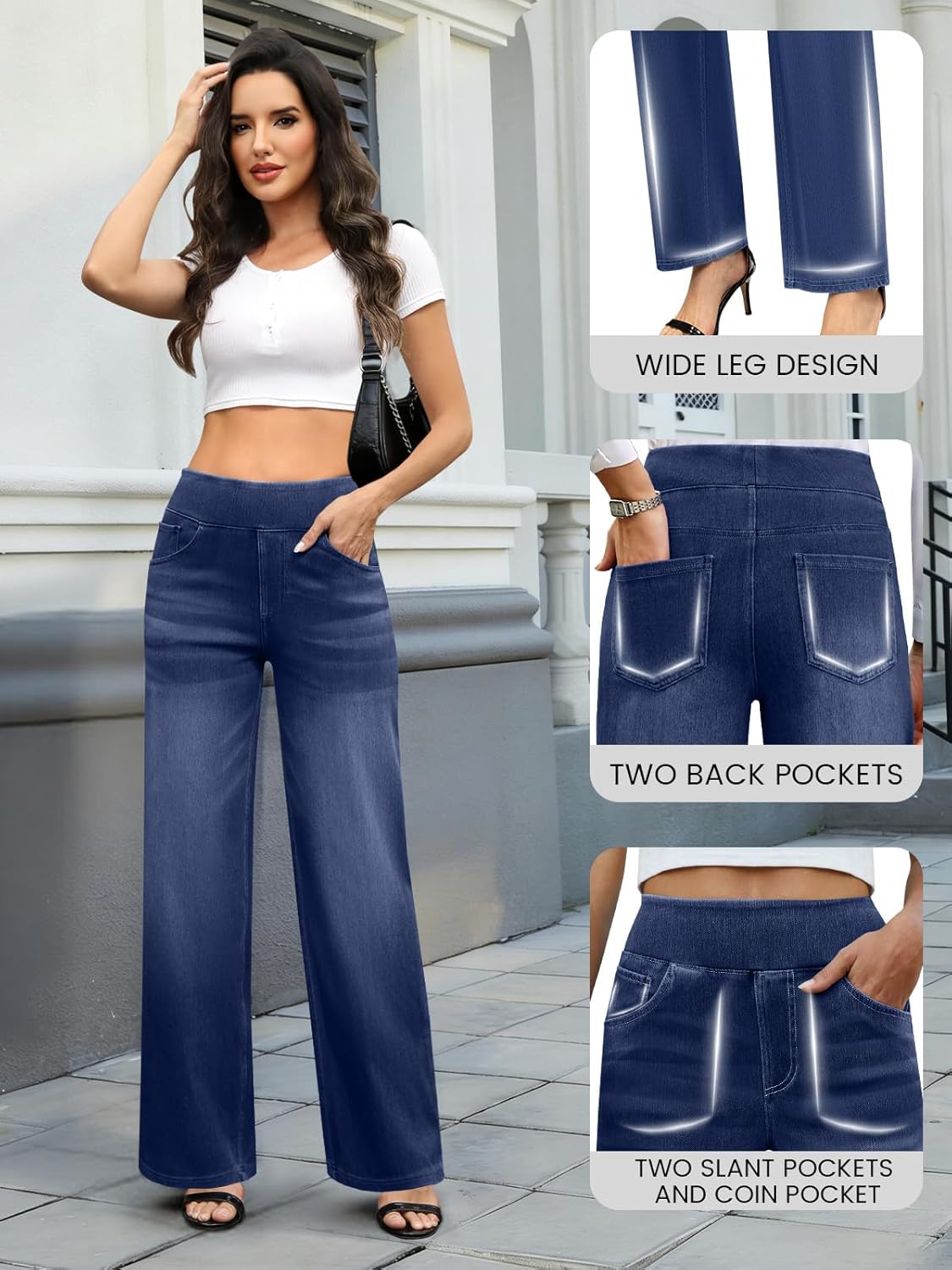 COPYLEAF Wide Leg Jeans Woman High Waisted Stretchy Baggy Sweatpant Jeans Pull On Straight Leg Loose Trendy Denim Pants
