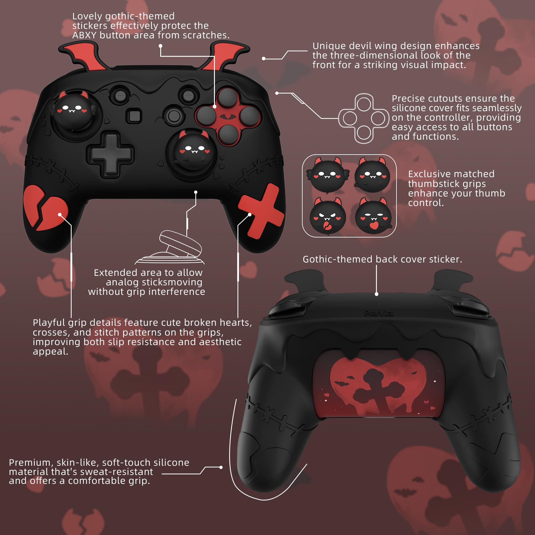 playvital Cover Silicone per Nintendo Switch 1 PRO Controller Custodia Joystick Skin Antiscivolo Protettiva Carina, 4 Copri Levette Analogiche & 2 Adesivi, Serie Imp Gotico, Nero