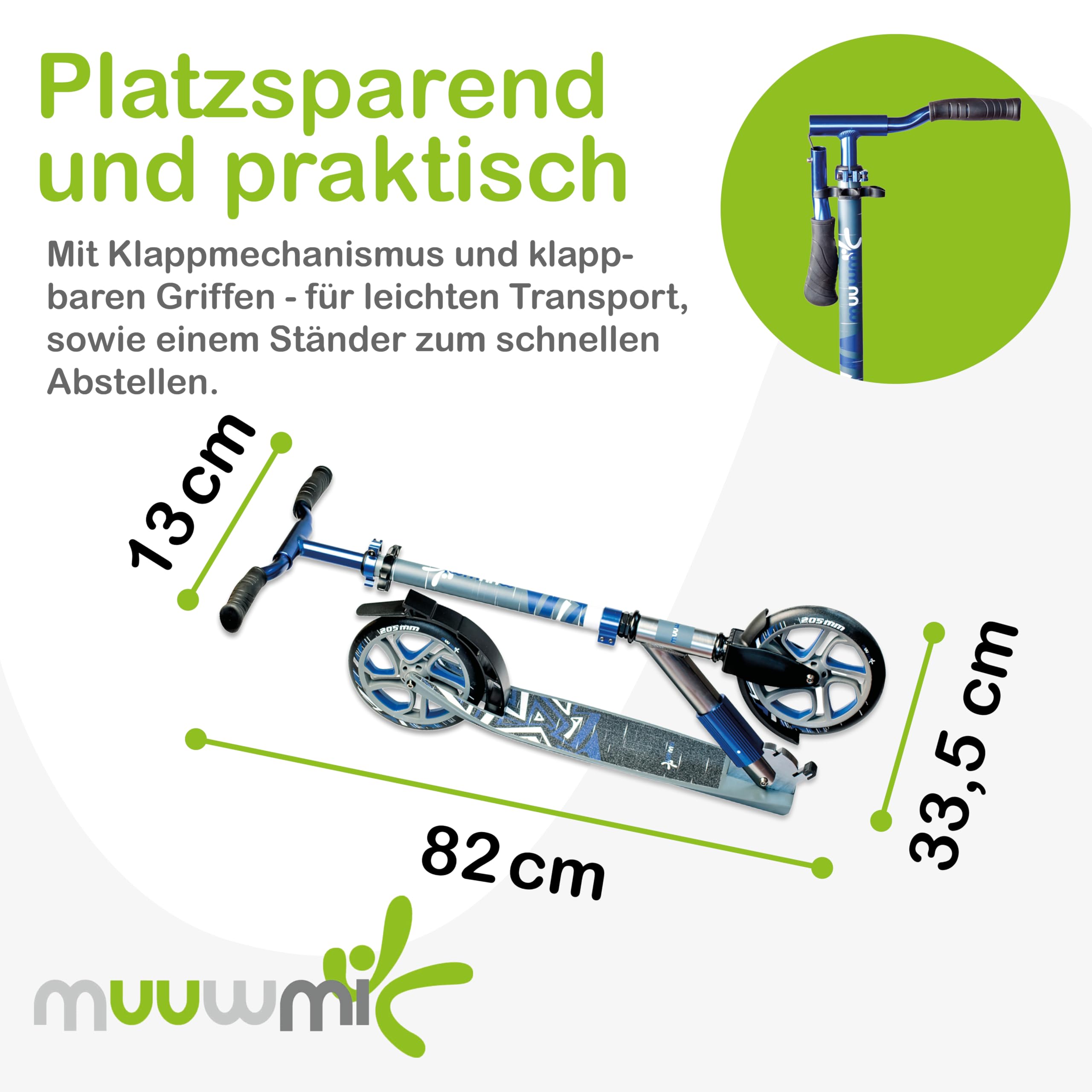 muuwmi Aluminium Scooter Deluxe – Tretroller, 205 mm, ABEC 7, für Kinder und Erwachsene, GS geprüft, höhenverstellbar