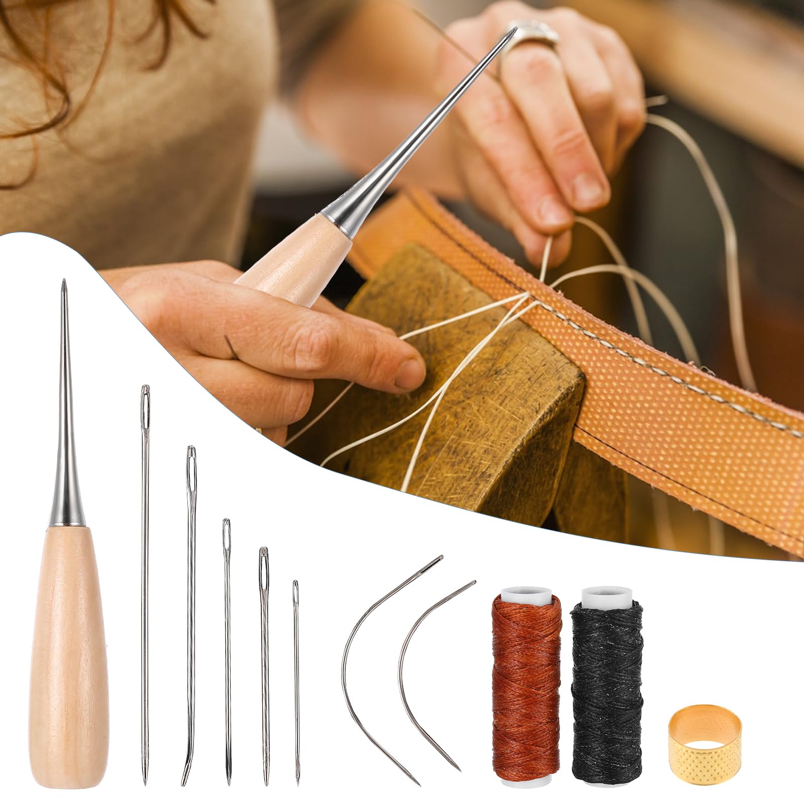 Ouligay Kit di aghi e fili per pelle, kit da cucito per tappezzeria, ago e filo resistenti, aghi per cucire a mano per tappezzeria, tappeti, pellicce, tela, riparazione fai da te