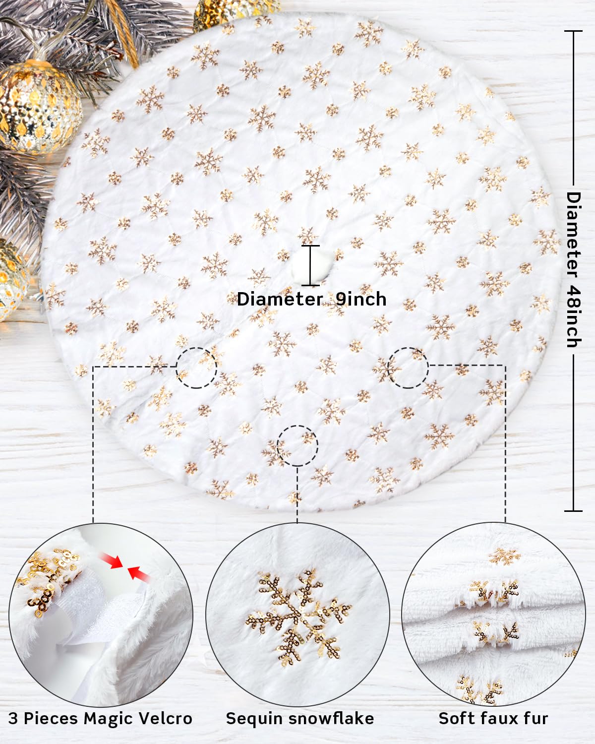 COOLWUFAN 48in 120cm Jupe de Sapin de Noël Blanc Doré Sequin Flocon de Neige