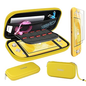 Carrying Case for Nintendo Switch Lite with 2 Pack Screen Protector, iVoler Ultra Slim Portable Hard Shell Pouch Travel Game Bag for Switch Lite Console Accessories Holds 10 Game Cards, Yellow