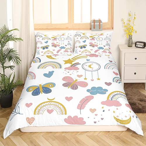 Miniatura 2 de Erosebridal Juego de ropa de cama con diseño de arco iris para niñas, tamaño Queen, funda de edredón con diseño de mariposa para niñas y mujeres,
