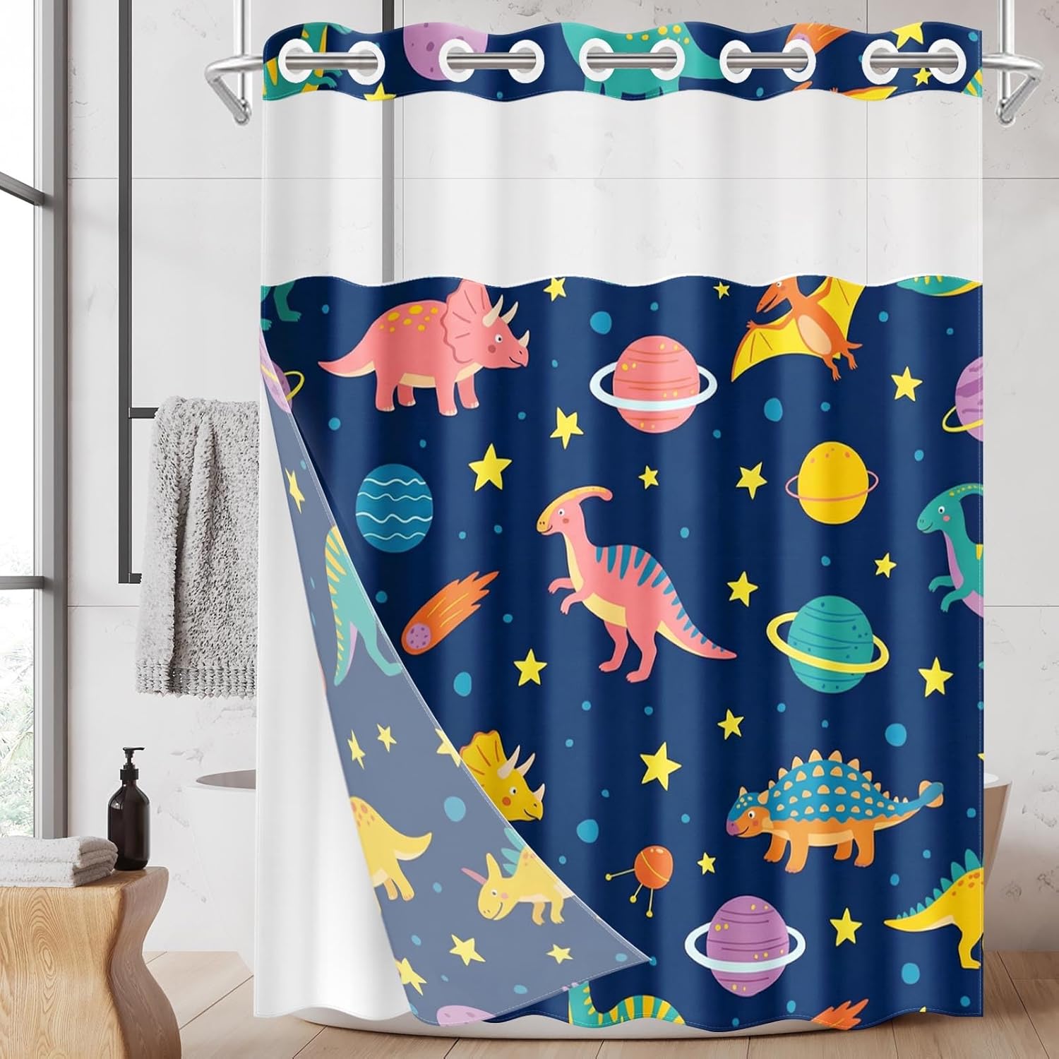No Hook Funny Space Dinosaurs Shower Curtain with Snap in Fabric Liner Set, Waterproof with See Through Mesh Top Window, Cute Monster Kids Cartoon Bath Curtain 71x74 Inch
