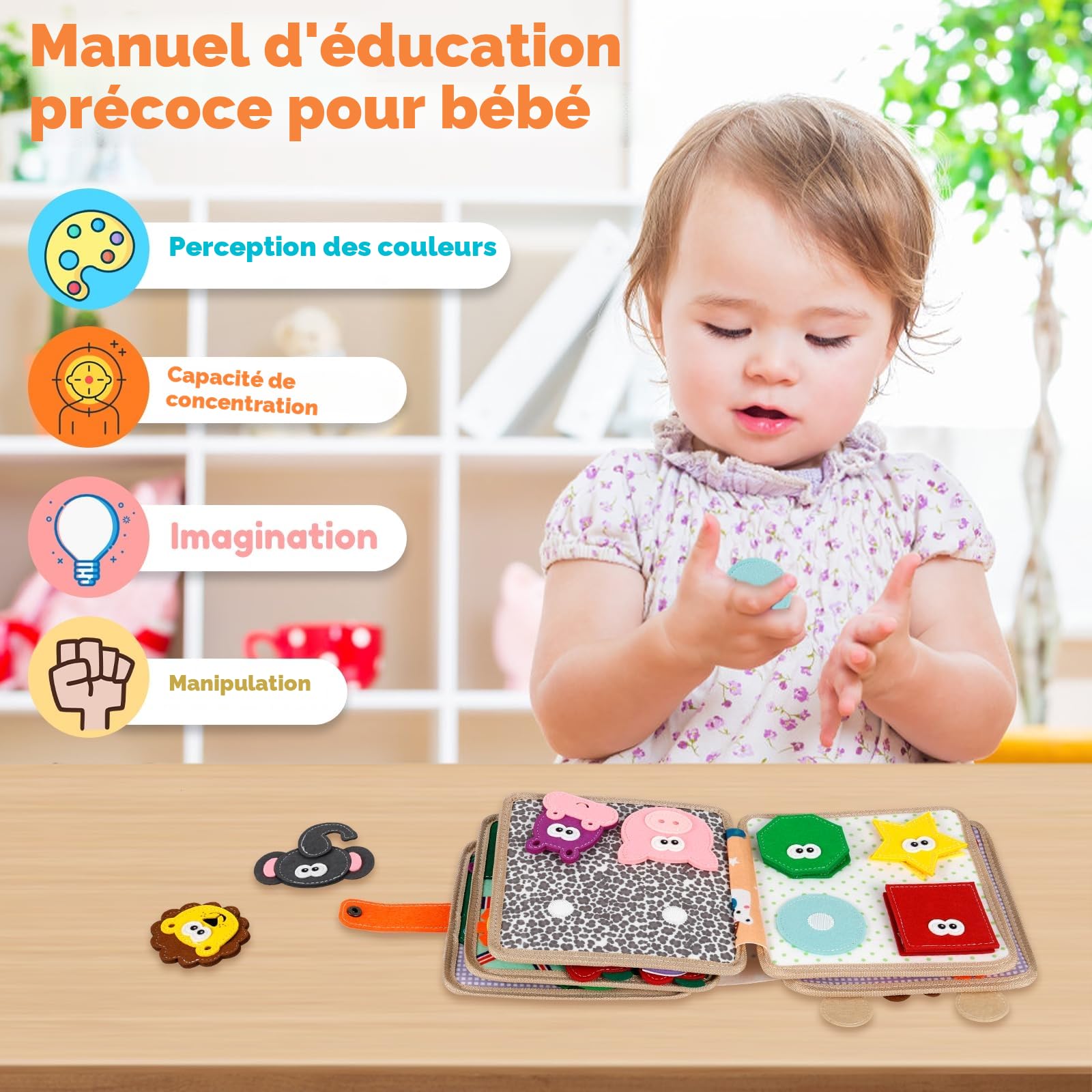 Planche d'activité Montessori en feutre souple - Jouet sensoriel pour bébé Activités dès 1 an