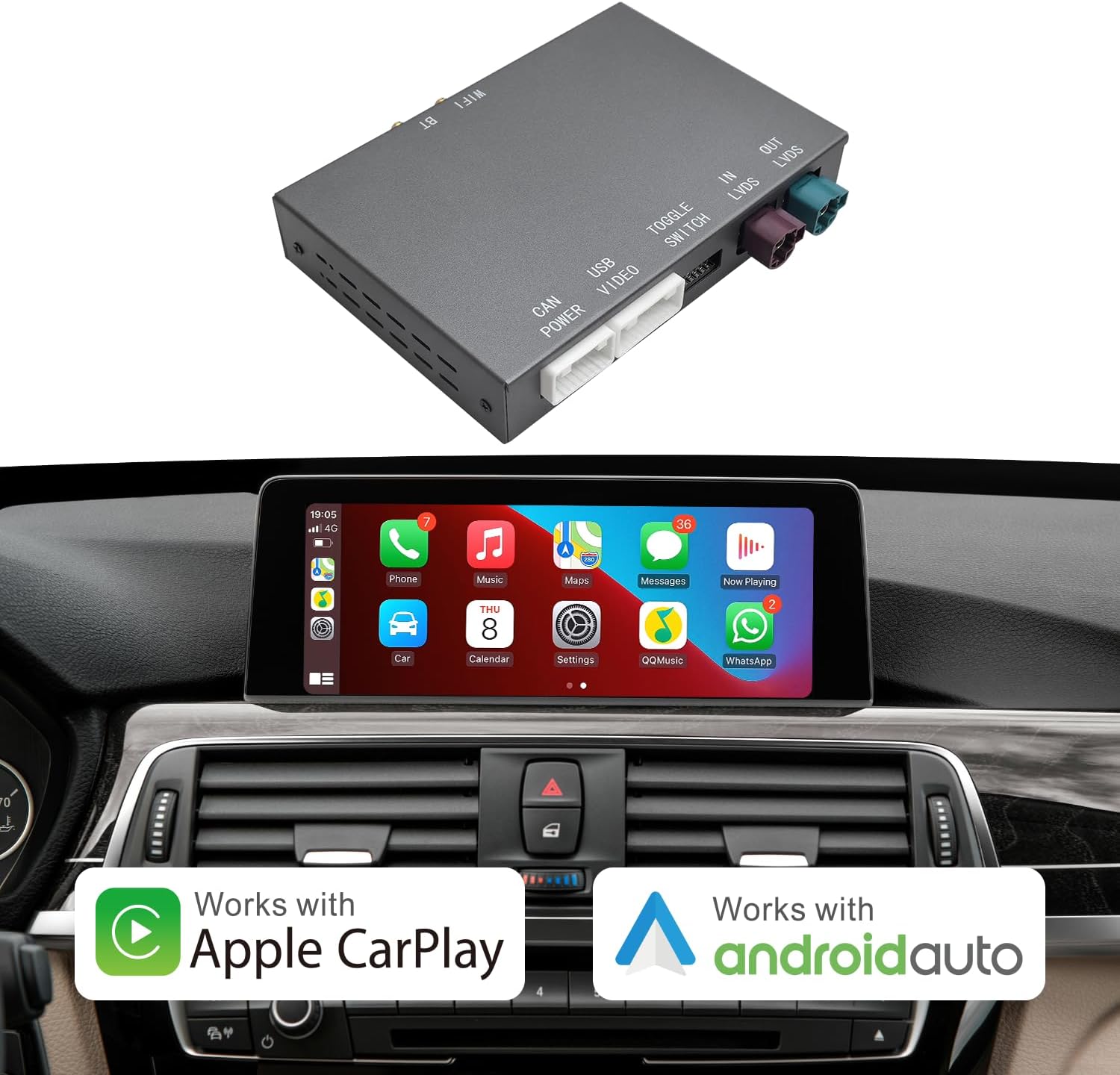 Wireless Carplay Android Auto for BMW EVO System, for BMW 1/2/3/4/5/6/7/X1/X3/X4/X5/X6 2016-2020 Compatible with Carplay, Mirrorlink, Reverse Camera, Navigation