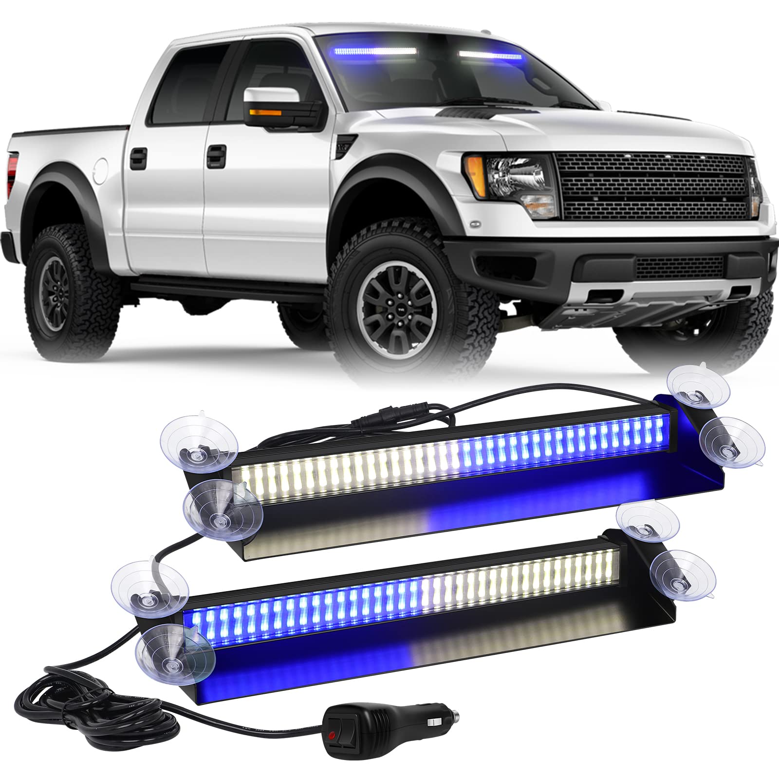 XRIDONSEN Blue White Emergency Strobe Dash Lights 144 LED Warning Hazard Safety 2x14.5 inch Interior Front/Rear Windshield Light Bar Deck Split Mount for Firefighter Police Vehicles Trucks