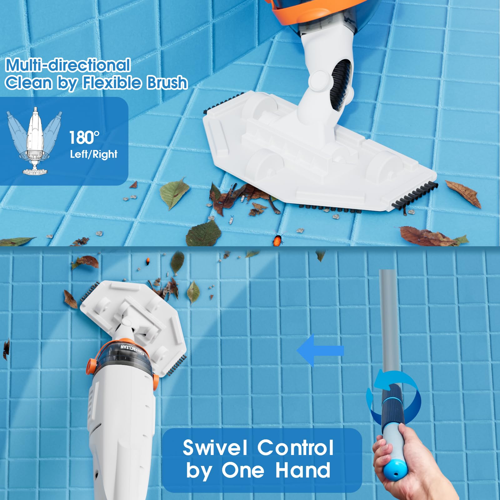 Aspiradora de mano inalámbrica para piscina, spa y jacuzzi, succión de 26.5 GPM, 251 cm, tiempo de funcionamiento de 1 hora, control direccional, limpiador de piscina recargable para piscinas sobre el