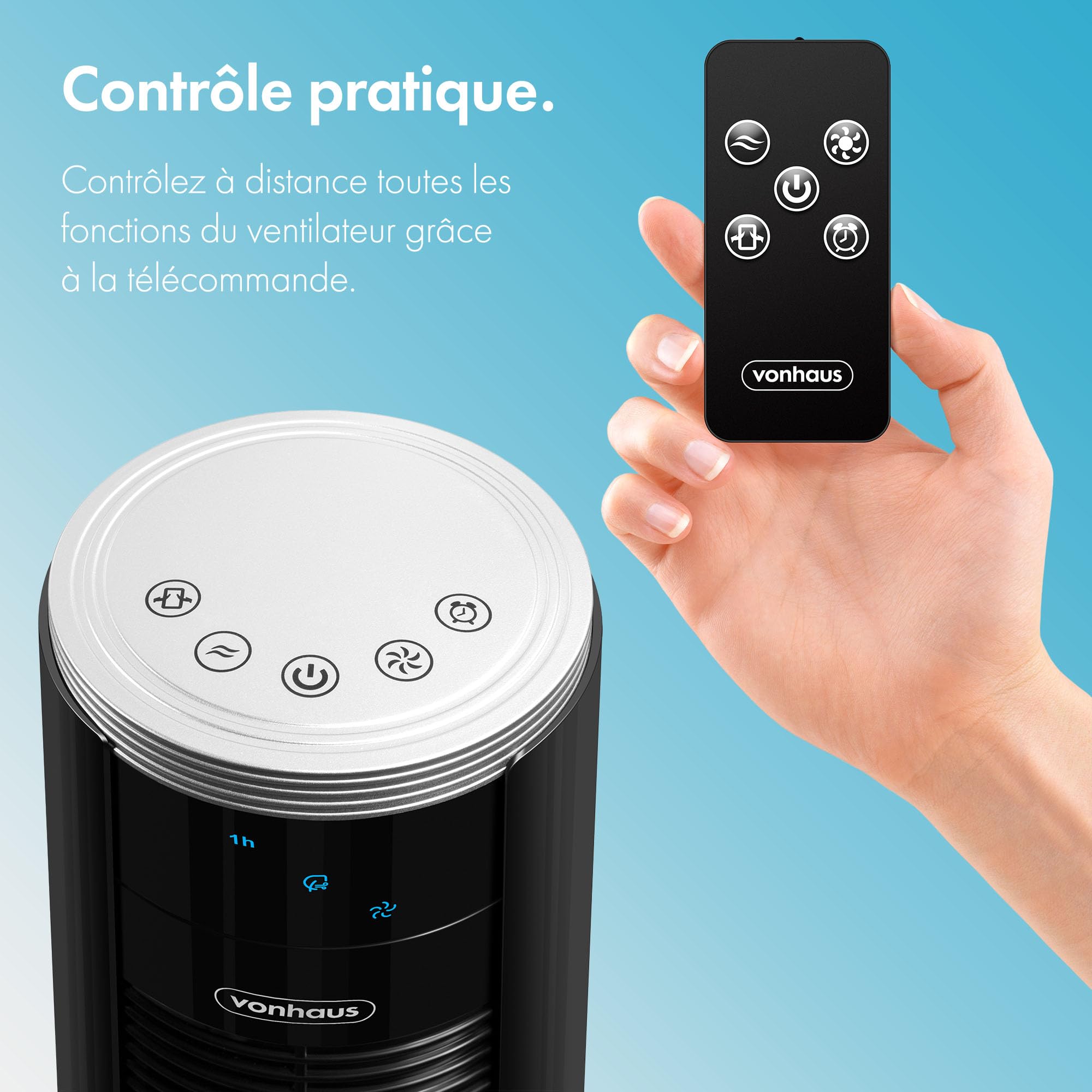 VonHaus Ventilateur tour silencieux avec télécommande 87 cm Noir, Ventilateur Colonne Oscillation à 70 °, Ventilateur avec Mode Nuit, 3 Vitesses de Brise – Pour Chambre, Pièces Familiales