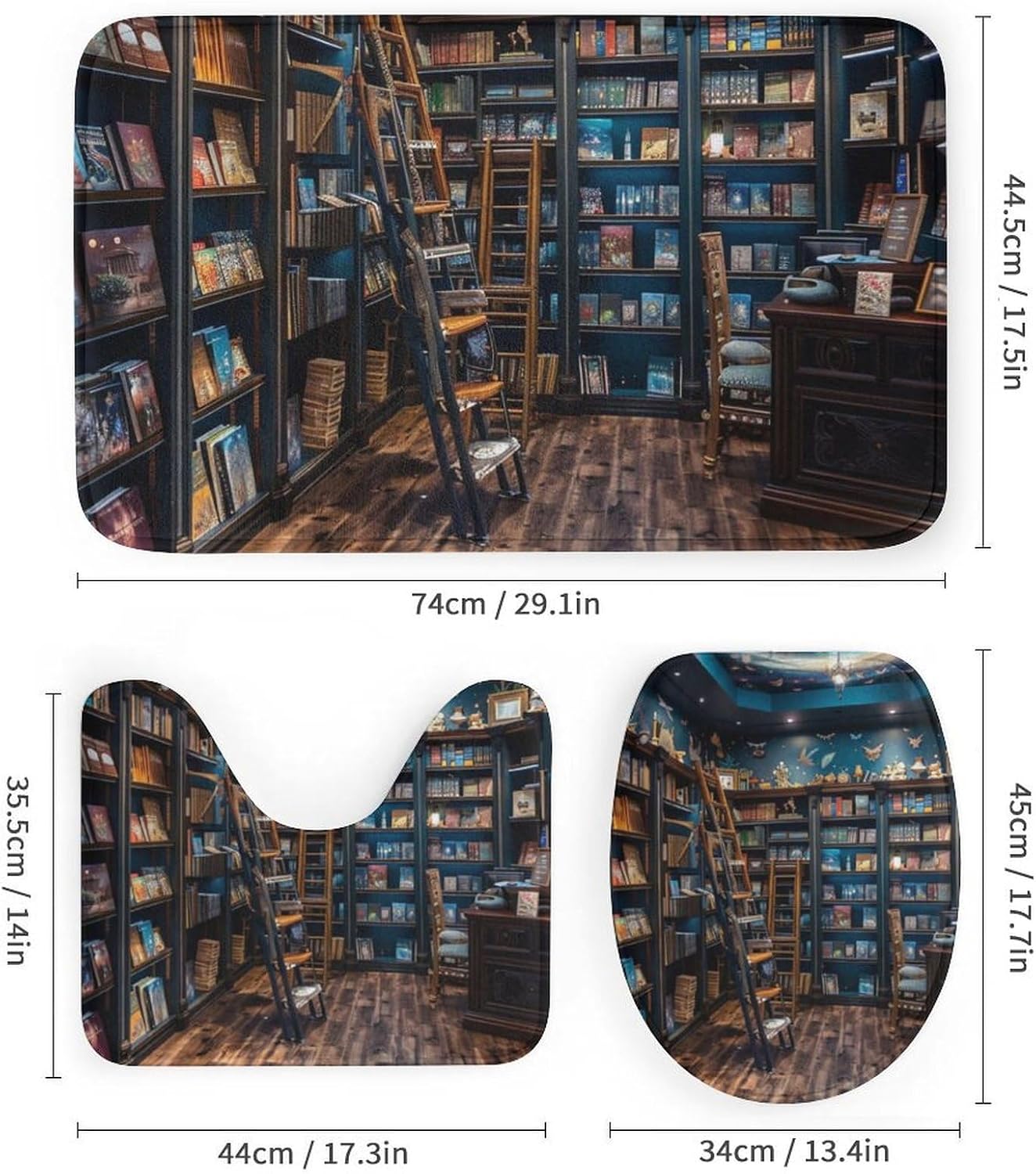 4Pcs Fantasy Classic Library Shower Curtain Set, Vintage Bookshelf Modern Ladder Bathroom Decor Sets with Rugs Bathroom Accessories Bathroom Curtain Shower Set, 72" x 72"