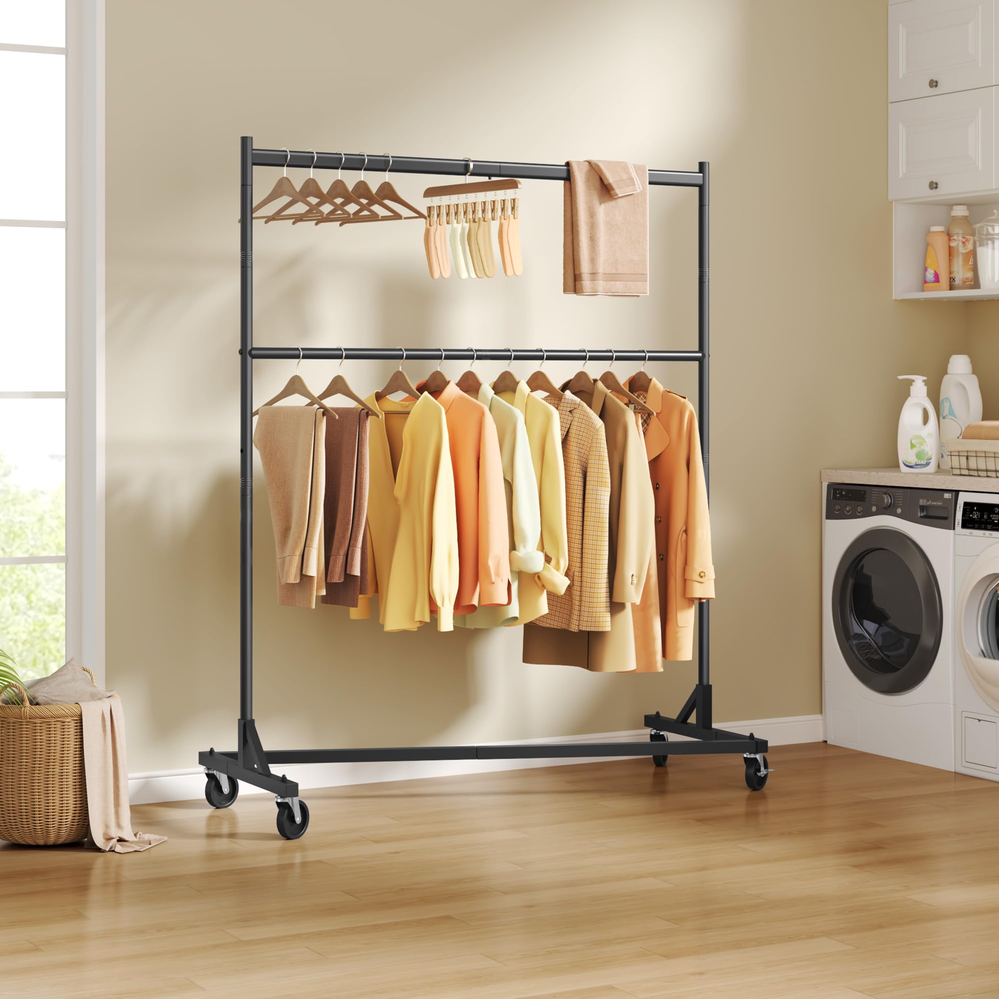 Hoctieon Schwerlast Kleiderständer auf Rollen, Kleiderstangen Stabil aus Metall, Garderobenständer für Schlafzimmer, Clothes Drying Rack für Mäntel, Röcke, Hemden, Pullover, Schwarz