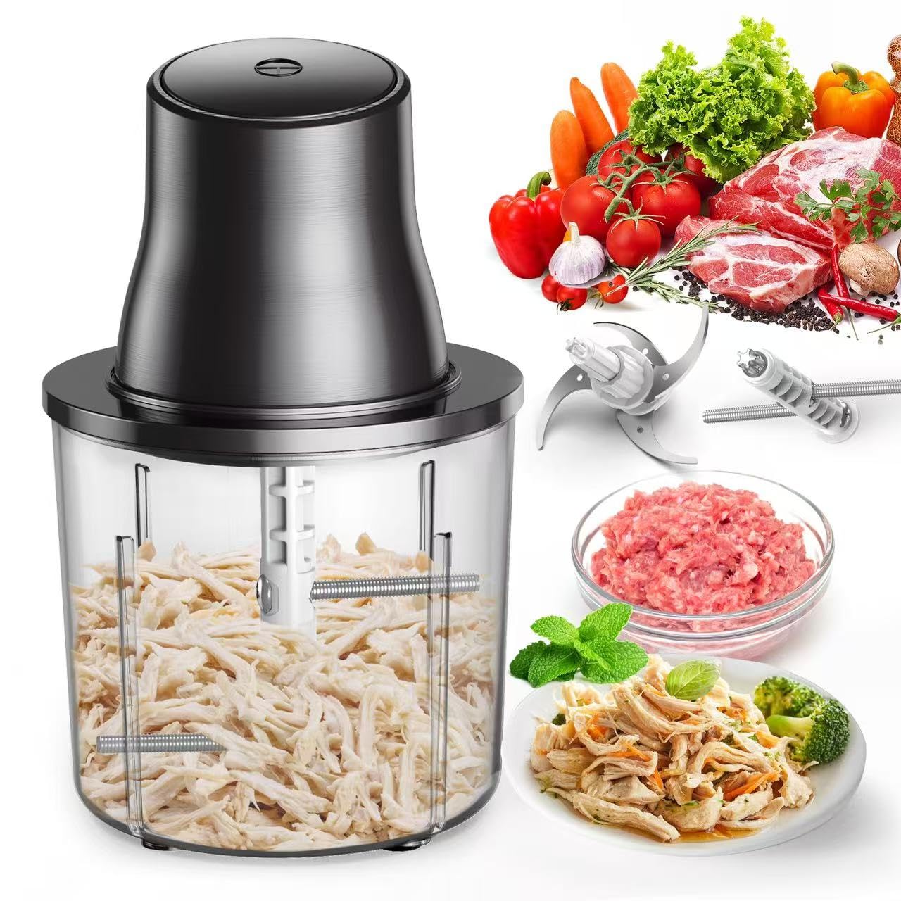 Procesador de alimentos mejorado 3 en 1 con trituradora eléctrica de pollo, picadora de alimentos vegetales de 1,5 L