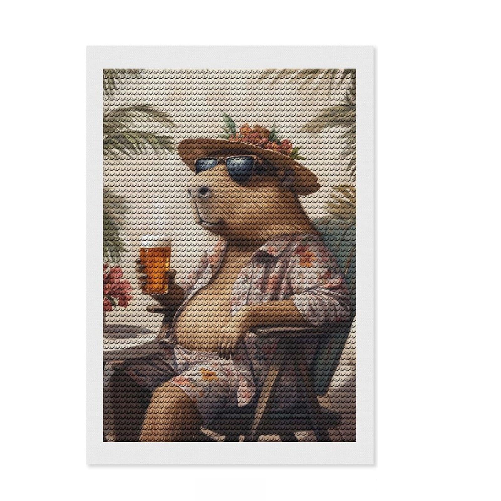 Junmoney Capybara in Sunglasses Diamond Art Canvas 8"x12", Stress Relief Craft, Neat Printed Canvas, Modern Decor, for Family Craft Time