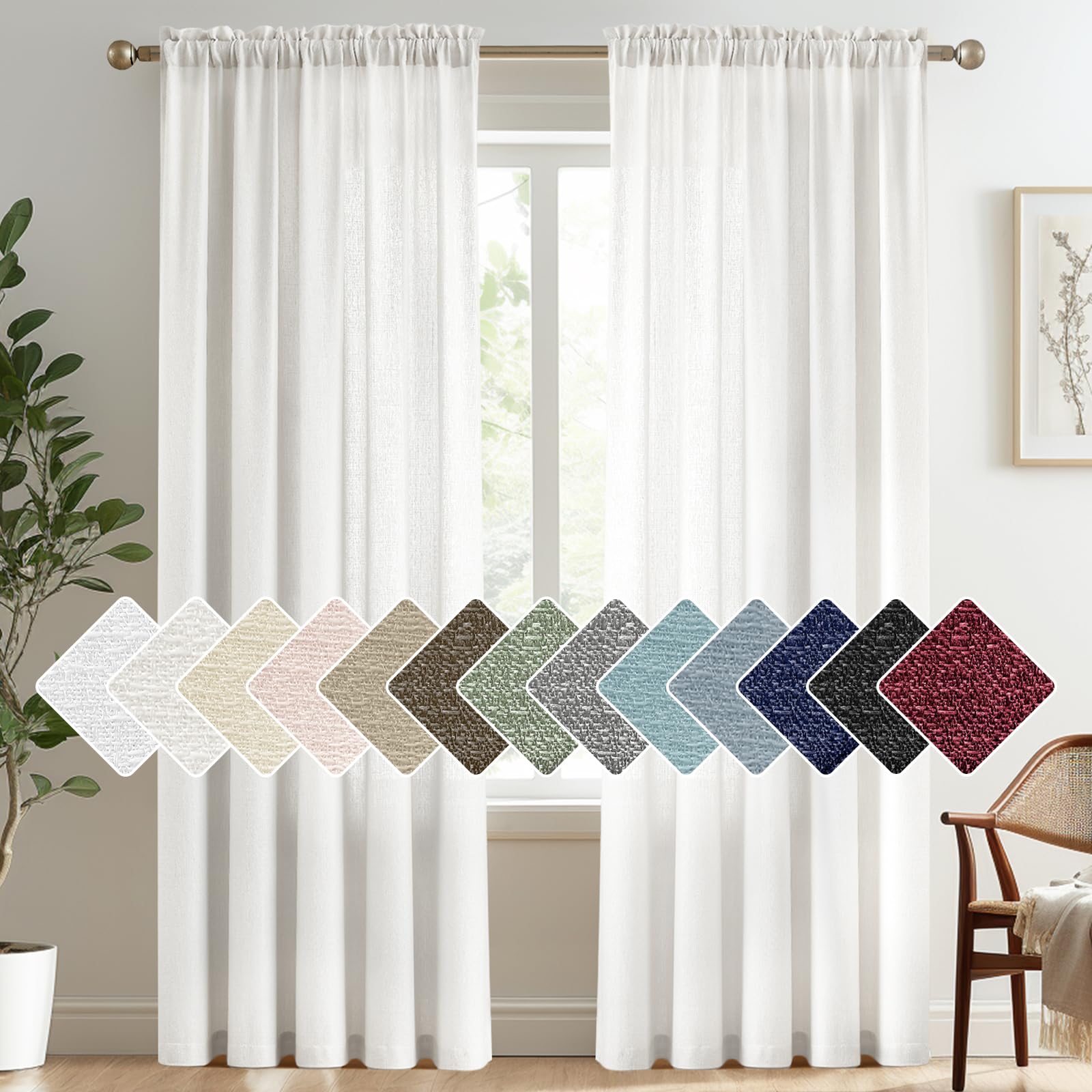 Melodieux Ivory Semi Sheer Curtains 84 Inches Long for Living Room, Bedroom Linen Look Rod Pocket Window Privacy Sheer Drapes, 52" W x 84" L, 2 Panels