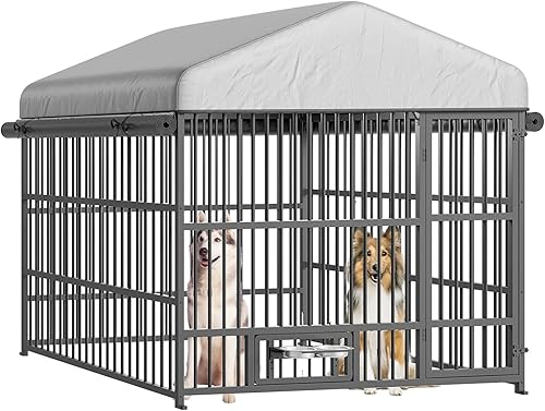 Miniatura 9 de HOOBRO Perrera para perros al aire libre con tapa, 6.6 x 6.6 x 6.4 pies, con techo impermeable y cuencos giratorios para alimentación, caja de jaula