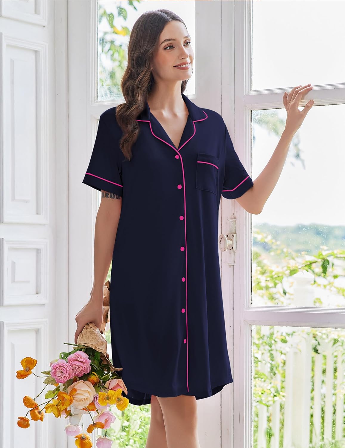 Ekouaer Nightgowns for Women Button Down Sleep Shirts Short Sleeve Nightshirt Classic Pajama Dress Soft Sleepwear S-XXXL - Image 4