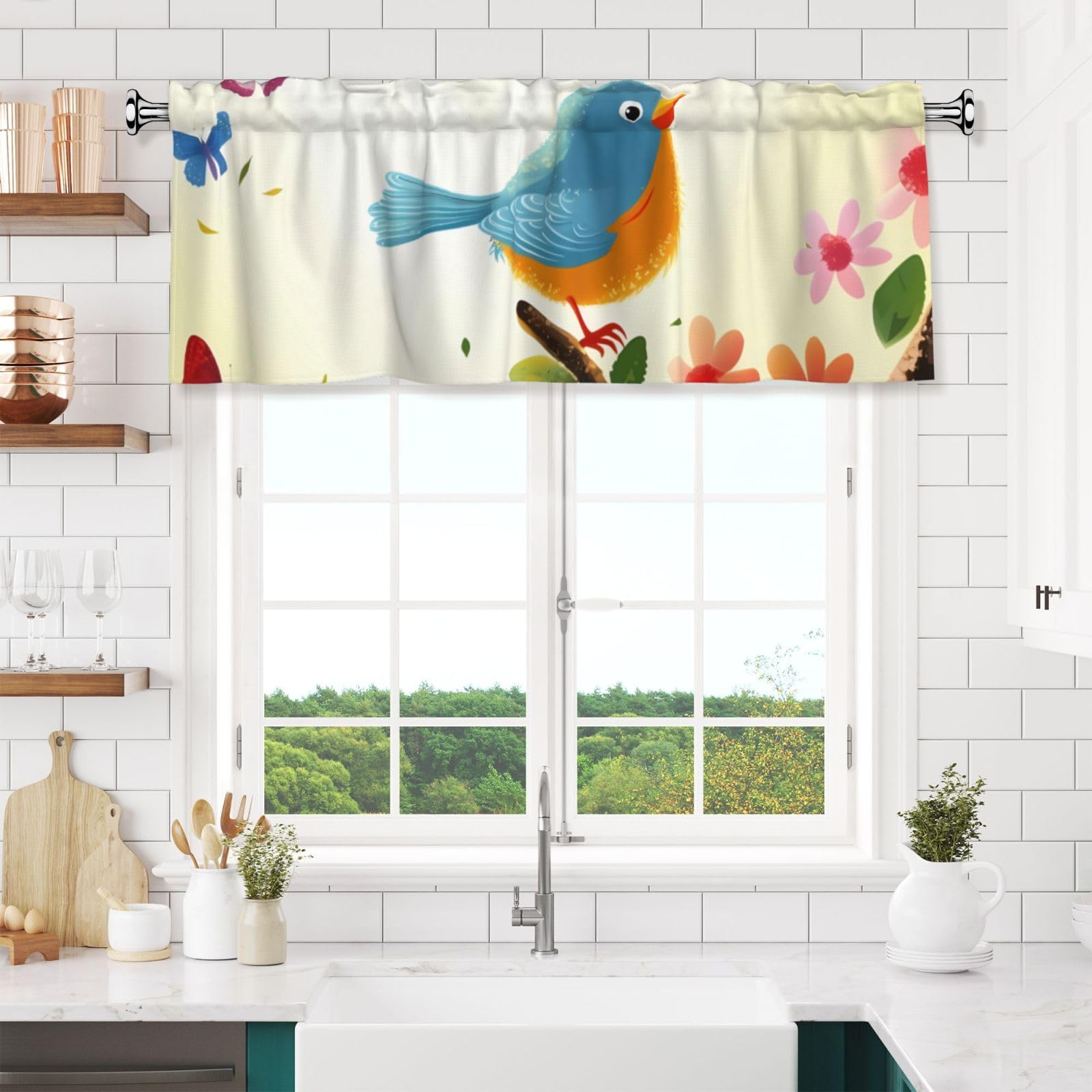 Anceky Valances Curtain for Kitchen Birds and Butterflies Window Valance Bedroom Curtain Topper Valance Spring Window Valance Curtains Rod Pocket 54x18 Inch