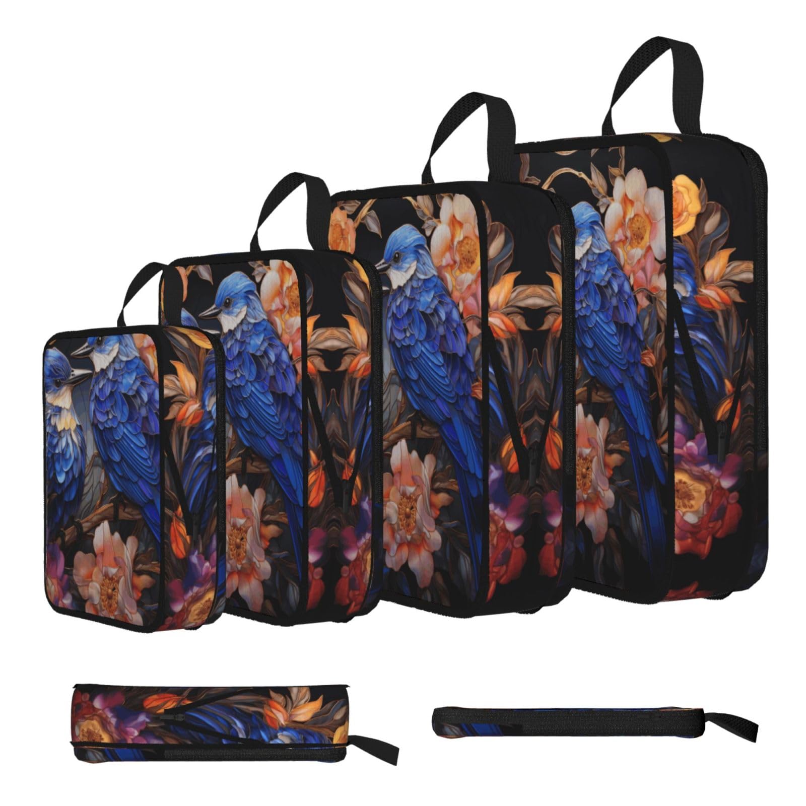 Sxzvvbn Black Retro Birds And Flowers Compression Packing Cubes 4 Piece Set