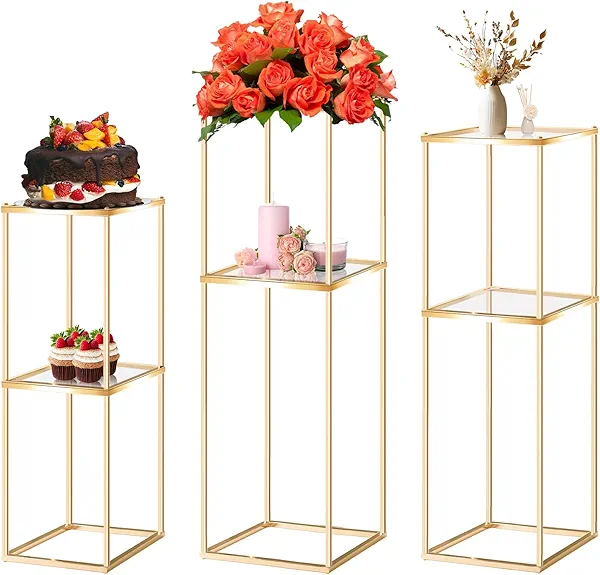 kehail 2-Tier Metal Flower Stand Set with Acrylic Shelves, Geometric Display Rack for Wedding Centerpieces, Party Decor, Tall Floor Vase Stand (Gold, Set of 3-36.8"/32.9"/25")