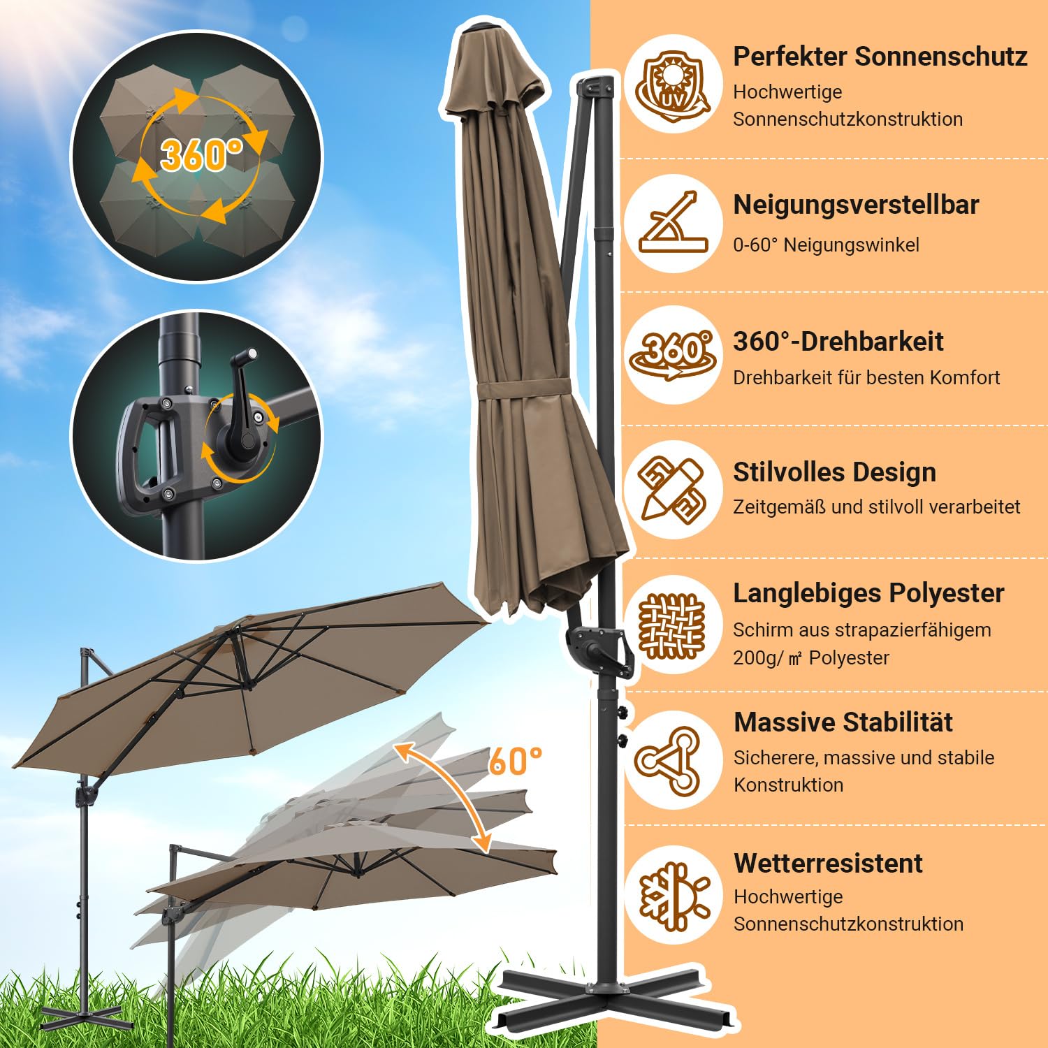 Sonnenschirm 300 cm Ampelschirm 3m, 360° drehbar, Gartenschirm mit Kurbel, 0-60° neigbar, UV50+, 8 Rippen, 48mm Mast, mit Kreuzfuß, optional mit Solar LED, Terrasse Garten