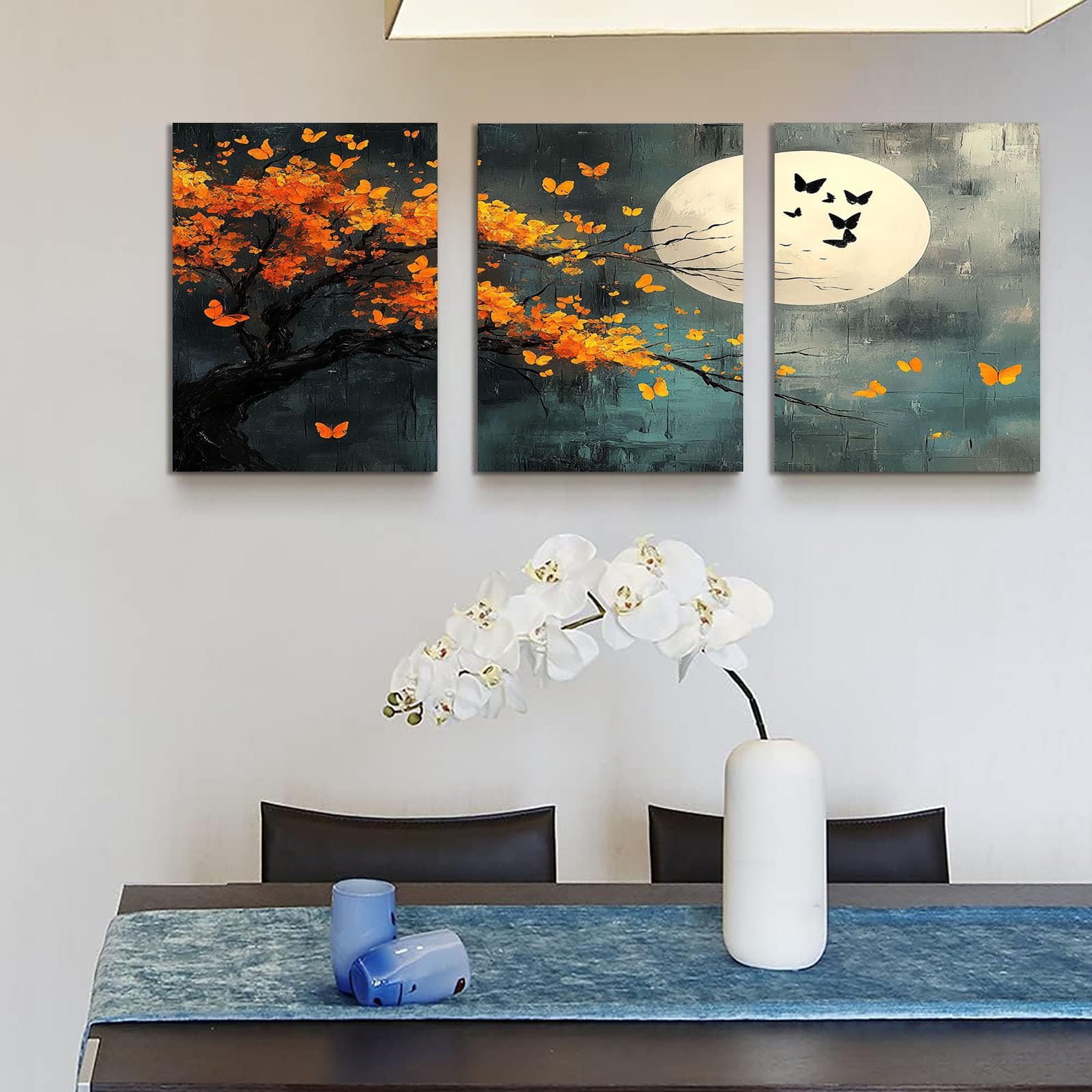 WQBQKKX Set de 3 Arbol De La Vida Cuadro Moderno en Lienzo Árbol Flores de luna llena Cuadros Pintura Carteles E Impresiones, Arte De Pared De Porche（Red 108-60x80cmx3 Enmarcado