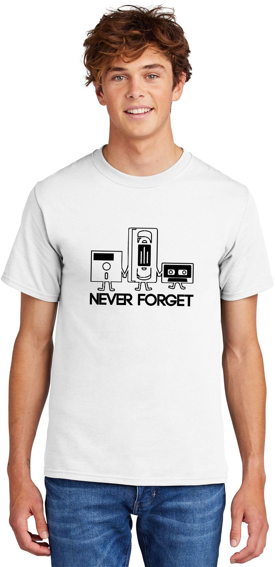 Men's Heavyweight Tee Never Forget Funny Shirt Floppy Disc VHS Cassette Tech Geek Tee White XL