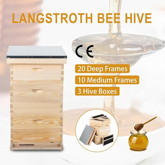 CREWORKS Bee Hive Boxes Starter Kit, 3 Layer Bee House with 10 Medium and 20 Deep Frames & Foundations, Langstroth Beehive for Bee Keeping, Beekeeping Supplies with Plastic Queen Excluder and Nails