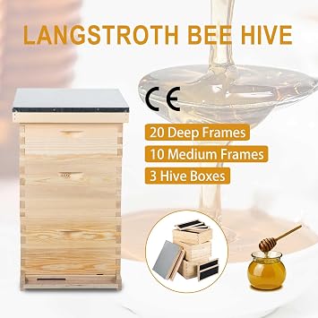 CREWORKS Bee Hive Boxes Starter Kit, 3 Layer Bee House with 10 Medium and 20 Deep Frames & Foundations, Langstroth Beehive for Bee Keeping, Beekeeping Supplies with Plastic Queen Excluder and Nails