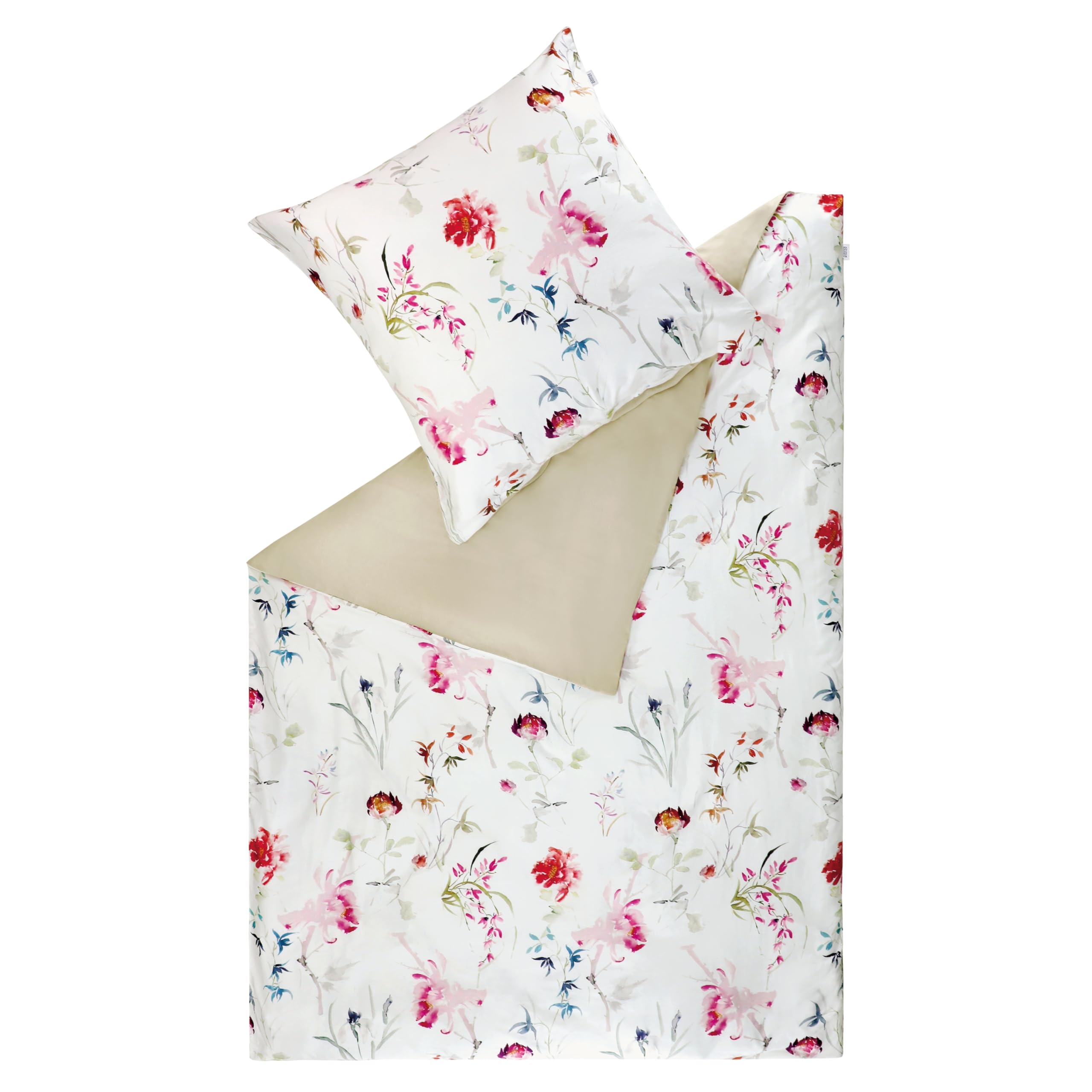 SCHÖNER WOHNEN Juego de sábanas de satén 135x200 algodón flores motivo primavera - Juego de ropa de cama de lujo 2 piezas blanco/beige - transpirable - 1x funda de edredón y 1x funda de almohada