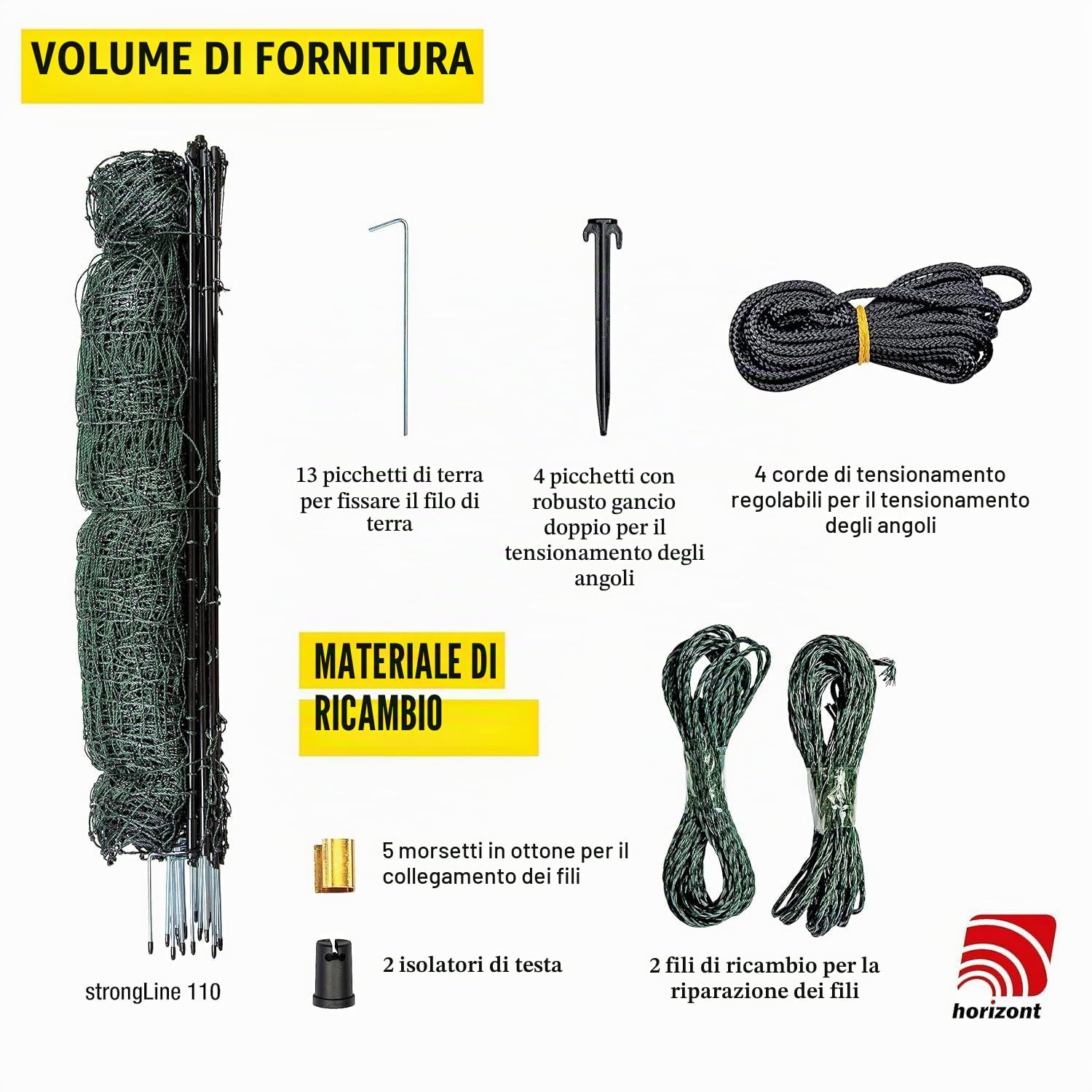 horizont eecinto per pollame strongLine 110, 9 pali in vetroresina a doppia punta lunghi 25 m, alti 110 cm, tutti senza elettricità, recinto mobile per polli