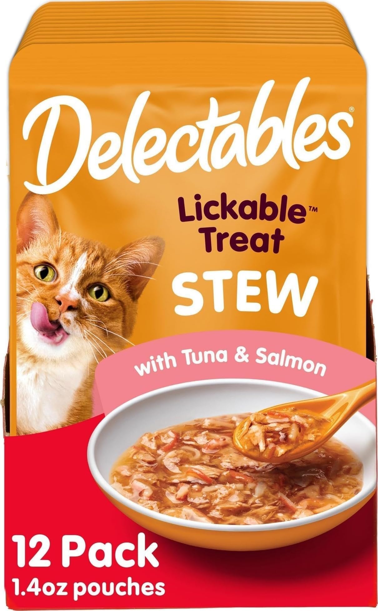 Delectables Lickable Treat Stew Wet Cat Treat with Real Tuna & Salmon, Food Topper, Hydrating, Grain-Free, No Fillers, No By-Products, No Added Preservatives, 1.4oz Pouch, 12ct