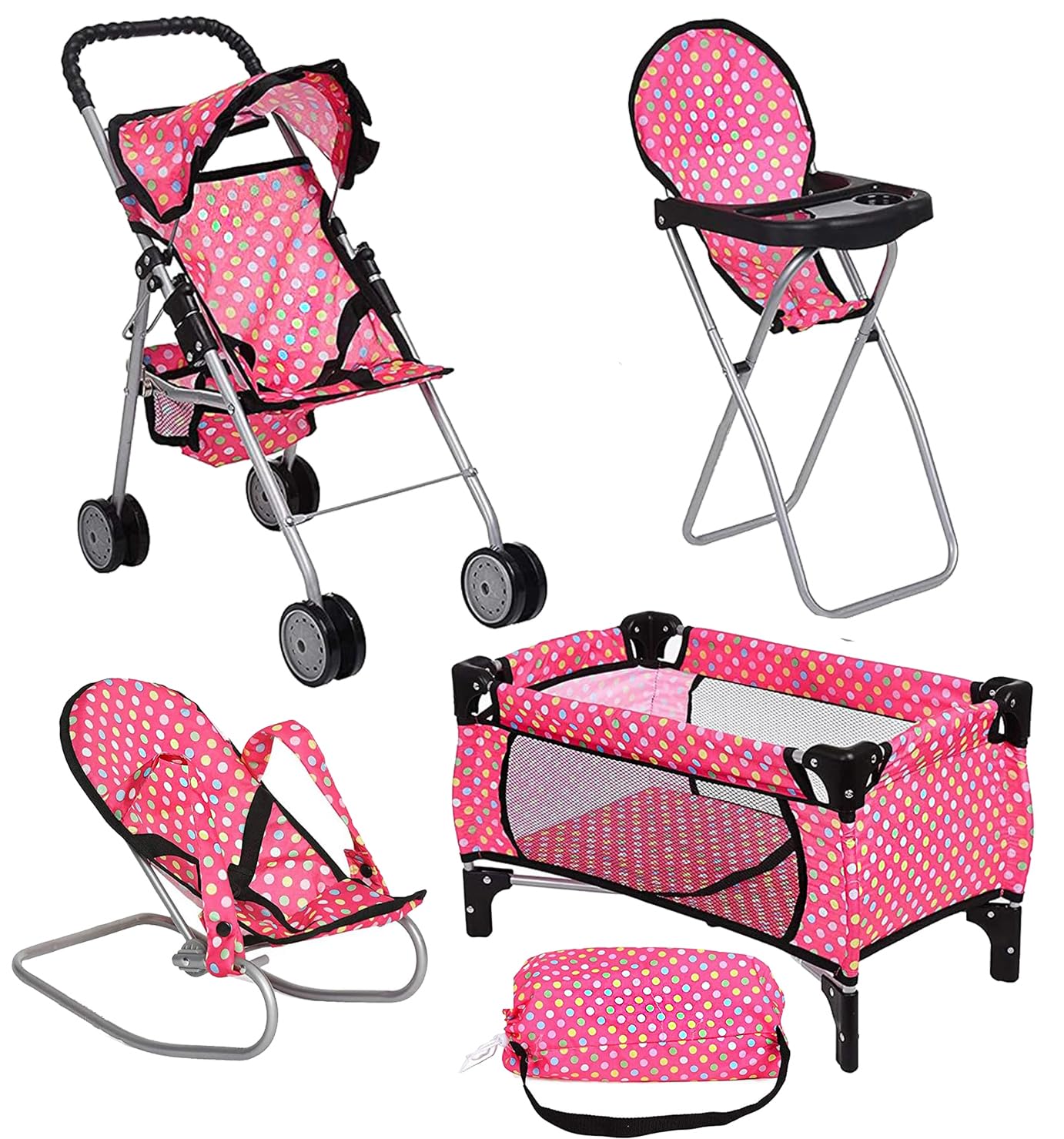 Doll Play Set 4 IN 1 Doll Set 1 Pack N Play. 2 Doll Stroller 3.Doll High Chair. 4.Infant Seat Fits Up to 18'' Doll