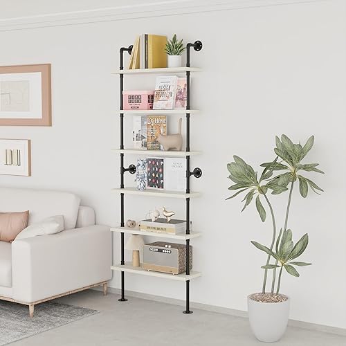 Miniatura 81 de Estantería industrial de 5 niveles, estantería rústica de tubería de metal de madera montada en la pared para sala de estar (marrón envejecido, 10