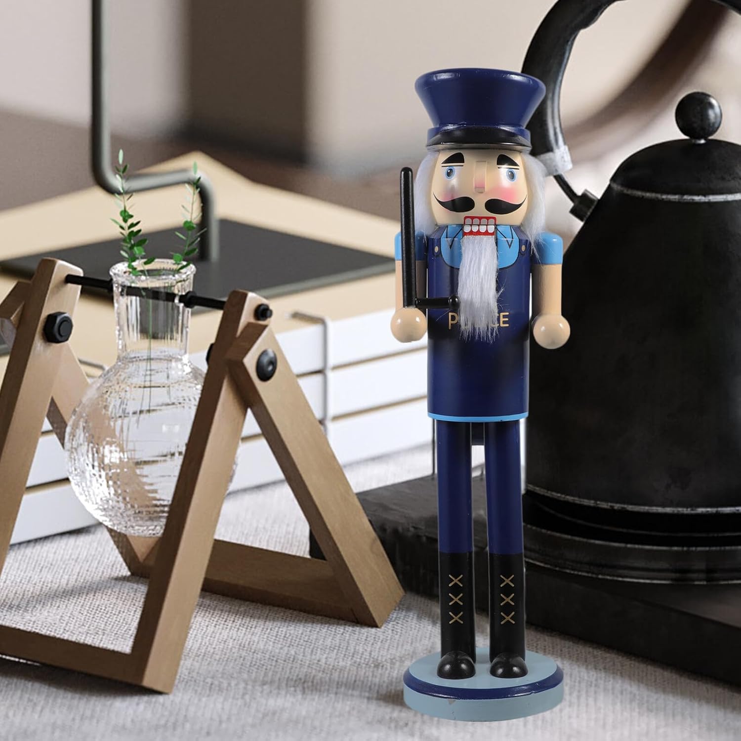 38cm Wooden Police Nutcracker Figure Hand-Painted Christmas Nutcracker Decor Festive Holiday Ornament for Home and Party Decoration