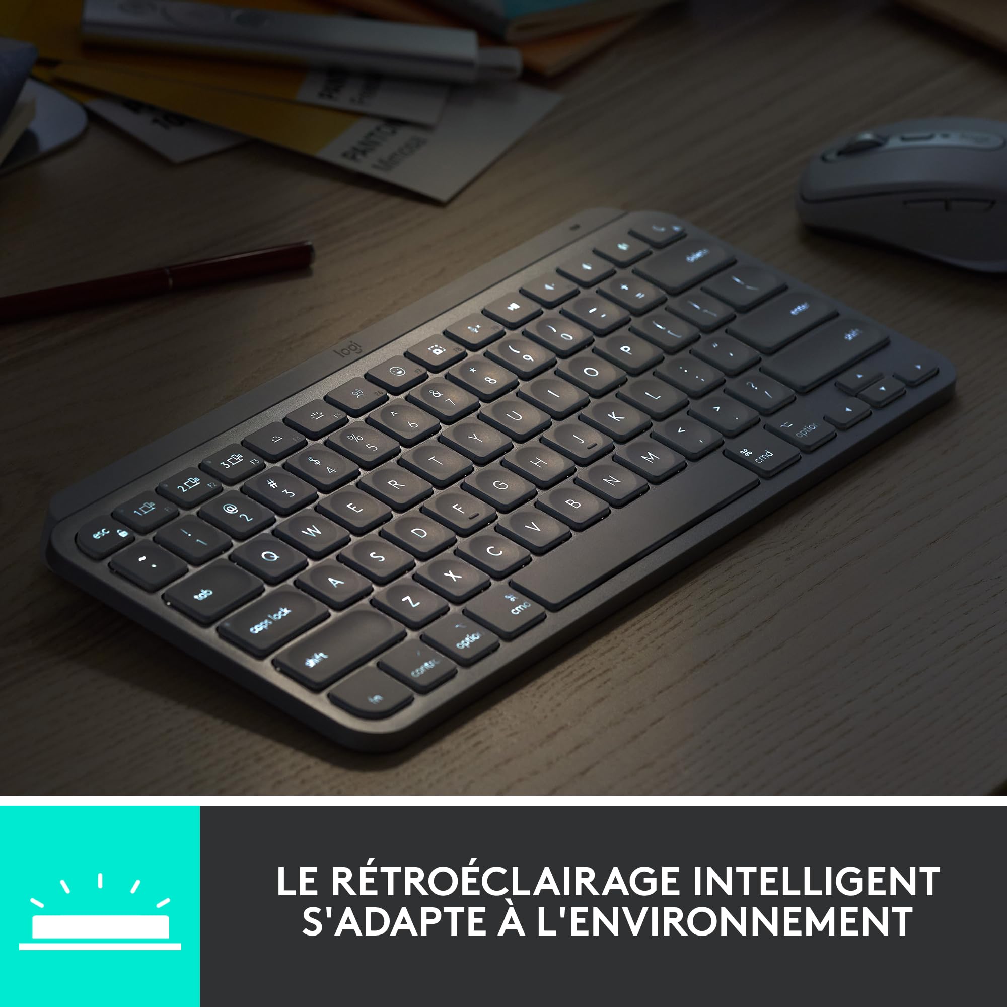 Logitech MX Keys Mini Minimaliste Clavier sans Fil Illuminé, Compact, Bluetooth, Rétroéclairé, USB-C, Compatible Apple macOS, iOS, Windows, Construction métal, Francais AZERTY - Gris foncé