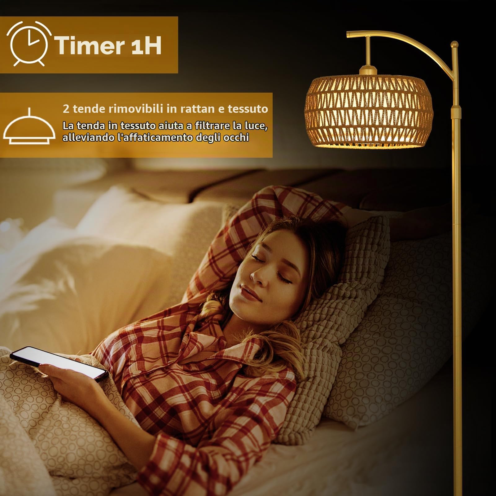 Rayofly Lampada da Terra Dorata da Soggiorno, Lampada da Terra in Rattan Dimmerabile con Telecomando, App di Controllo, Lampada da Pavimento Boho con Paralume in Rattan per Camera da Letto, Ufficio