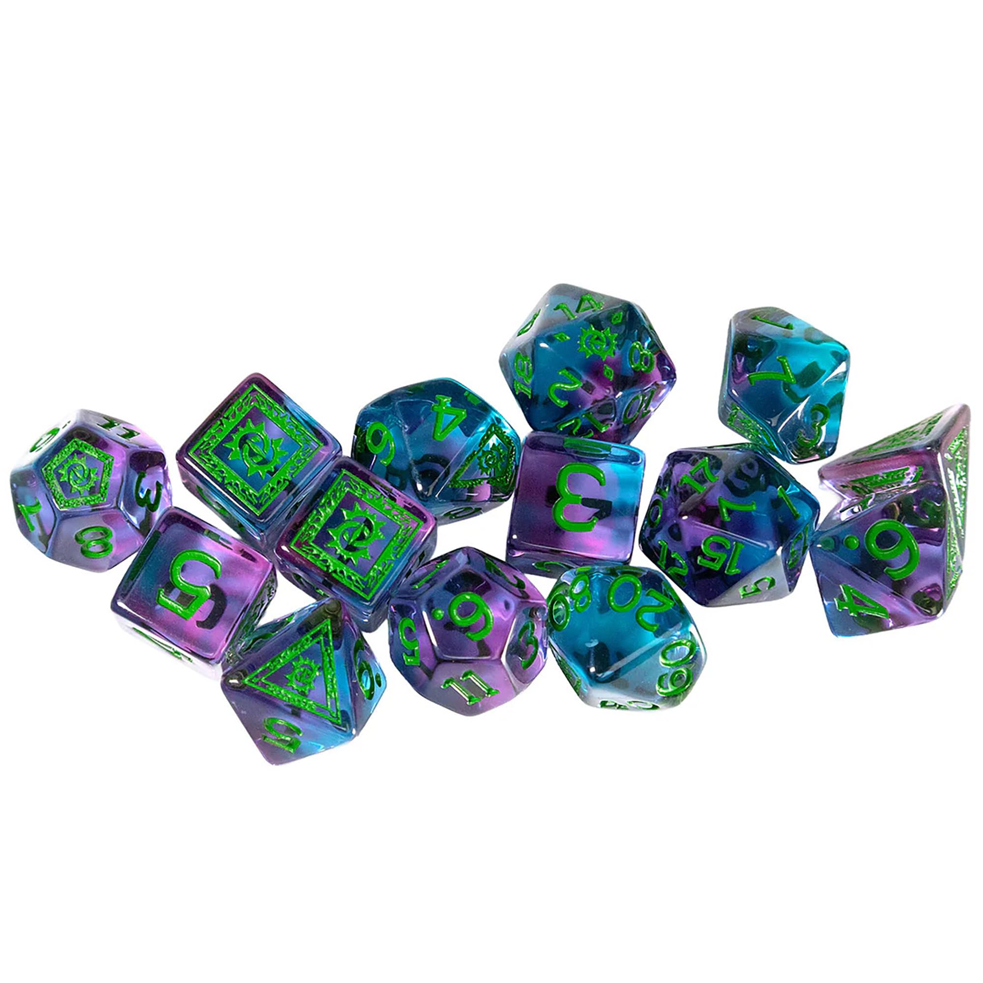 Dungeons & Dragons: D&D Adventure Dice - Warlock: Purple & Green - Set di 14 pezzi RPG, simboli di classe, accessori per giochi di ruolo da collezione, Sirius Dice