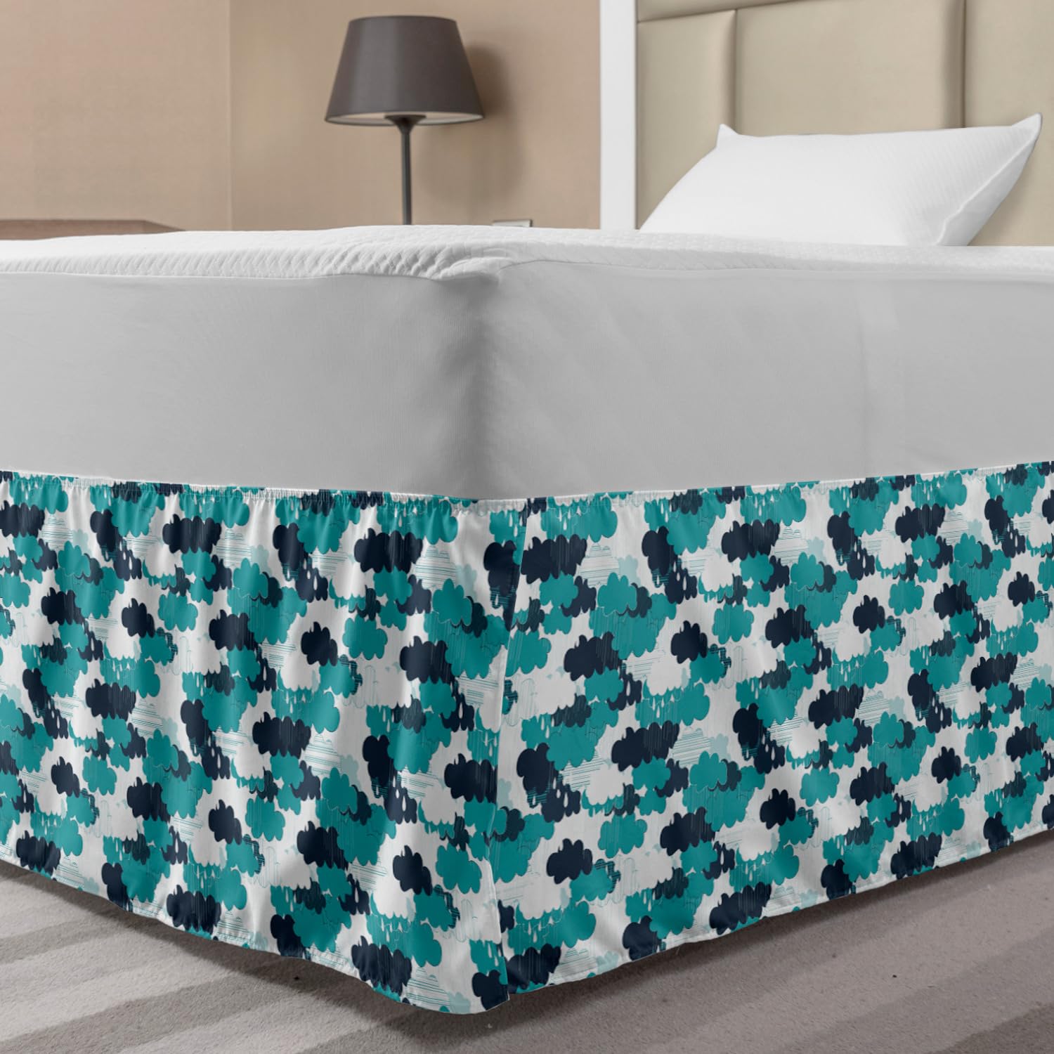 Lunarable Nature Elastic Bed Skirt Interlace Flattened Cartoon Shabby Clouds Pattern Meteorology Terrestrial Nature Wrap Around Fabric Bedskirt
