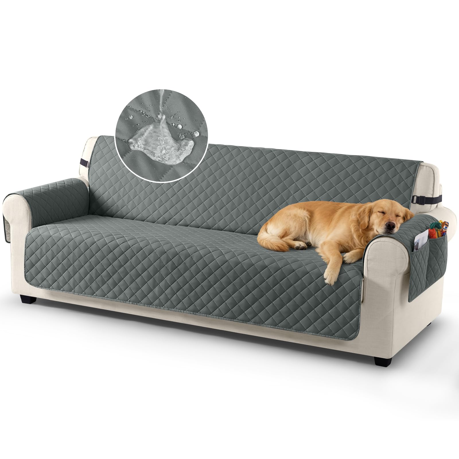 TAOCOCO Sofa Slipcovers 100% Waterproof Sofa Covers 3 Seater,Settee Covers with Storage Pockets,Anti Slip Couch Covers,Washable Sofa Protector for Kids/Dogs/Pets(Dark Grey)