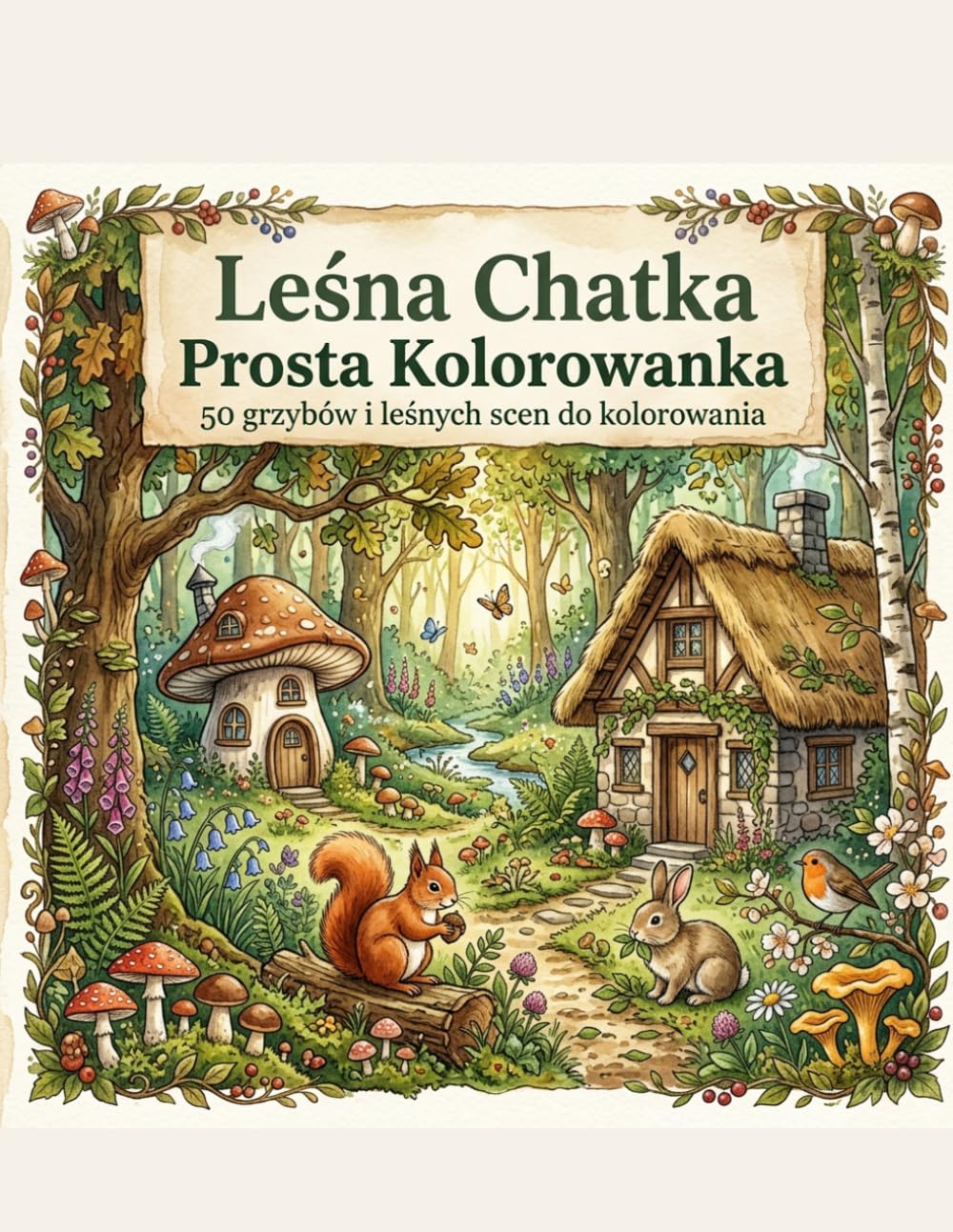 Leśna Chatka: Prosta Kolorowanka: 50 Grzybów i Leśnych Scen - Proste i relaksujące wzory