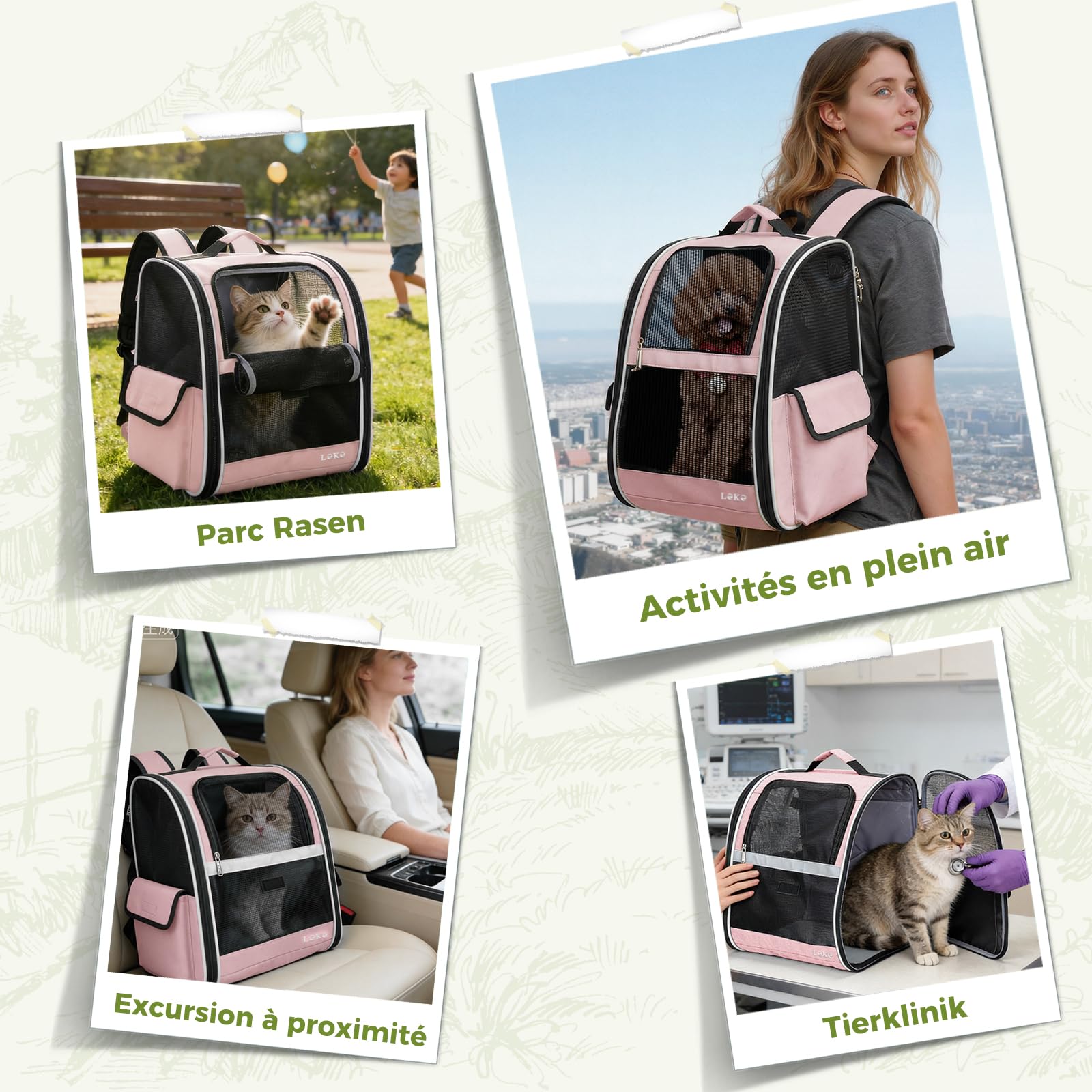 Lekesky Sac à Dos pour Chiens et Chats de Taille Moyenne/Petite (2 à 5 kg), Sac à Dos Chat Respirant Pliable, Sacs Transport Dos Chats avec Fenêtre en Maille pour Randonnée Voyages l'extérieur, Rose
