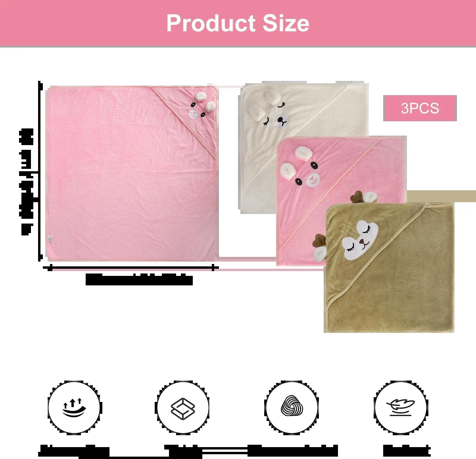 3 Piezas Toalla Bebe Toalla Bebe Recien Nacido 80 x 80 cm de coralina,Toalla baño con Capucha Set con Conejito Rosa,Ciervo marrón y Osito Blanco,Regalo