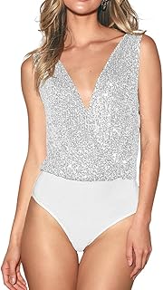 Women's Sequin Bodysuit Sleeveless Sparkly One Piece Tops V Neck Backles...