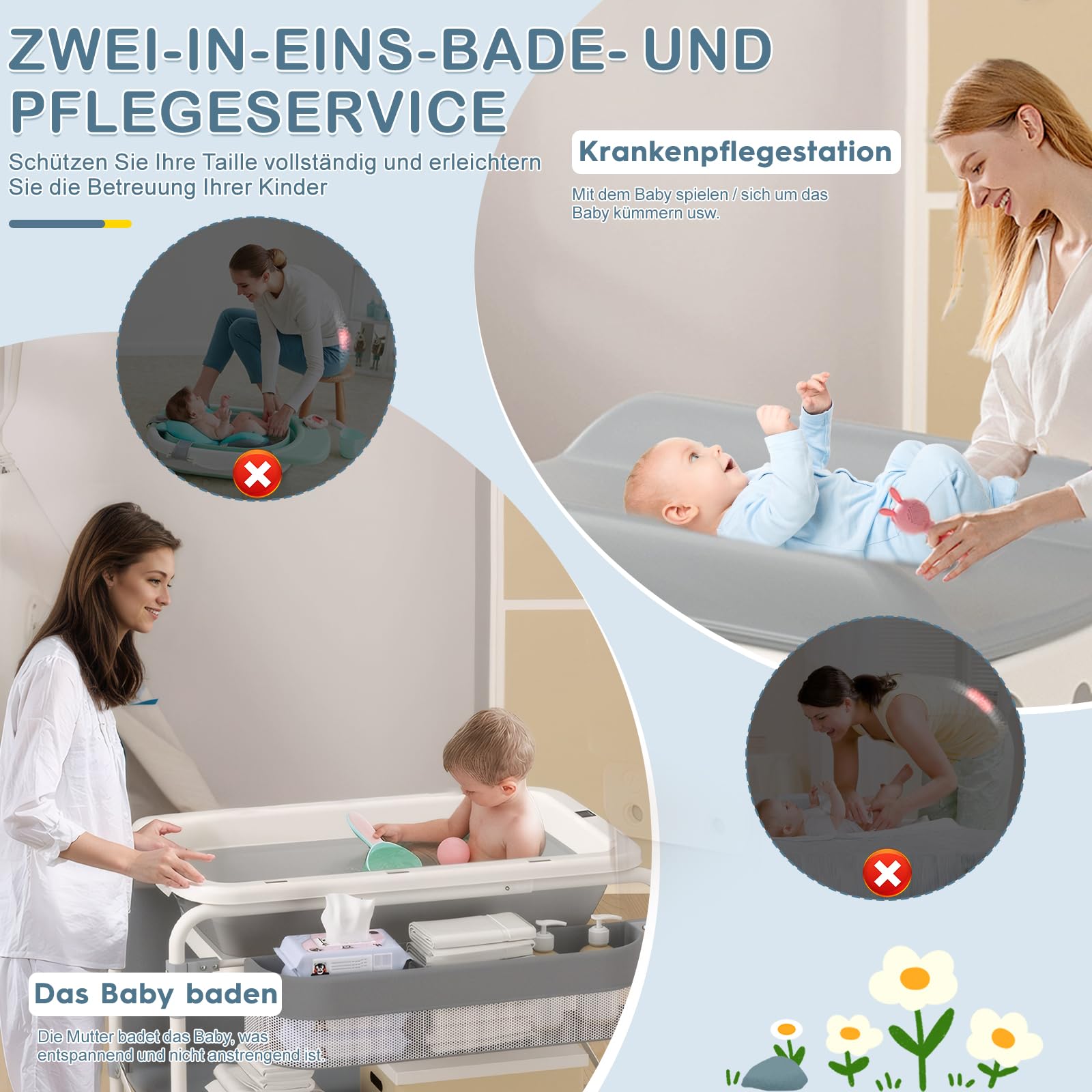 Wickeltisch für Babys mit Badewanne, mit 4 360° geräuschlosen Rädern, wasserdichter mobiler Wickeltisch mit Ablagekorb, klappbar, max. Belastbarkeit 50 kg, geeignet für 0-36 Monate
