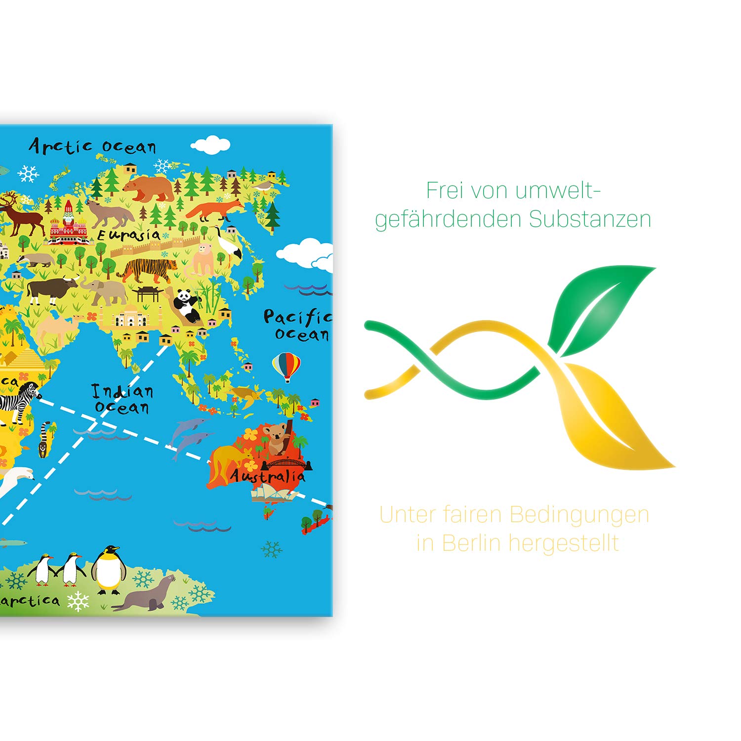 ge Bildet® Bild Auf Leinwand mit Herbst RABATT Weltkarte für Kinder - Hellblau Bild für kinderzimmer - 100x70 cm einteilig XXL - direkt vom Hersteller aus Deutschland - Made in Germany 1465