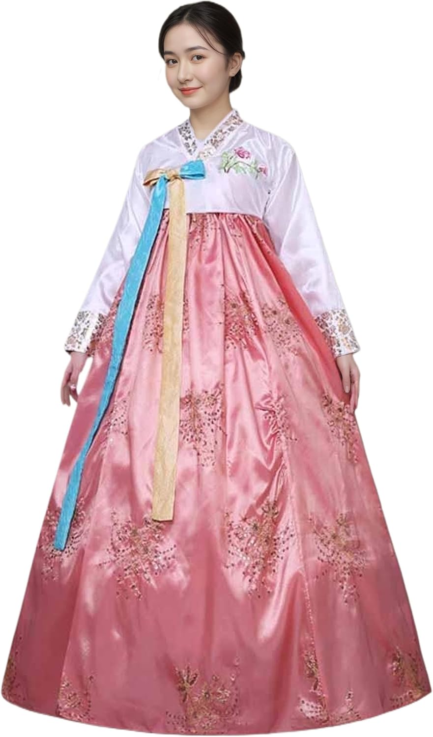 STIOEDYUAN Women‘s Traditional Korean Hanbok Dress Long Sleeve Palace Wedding Costume with Floral Embroidery