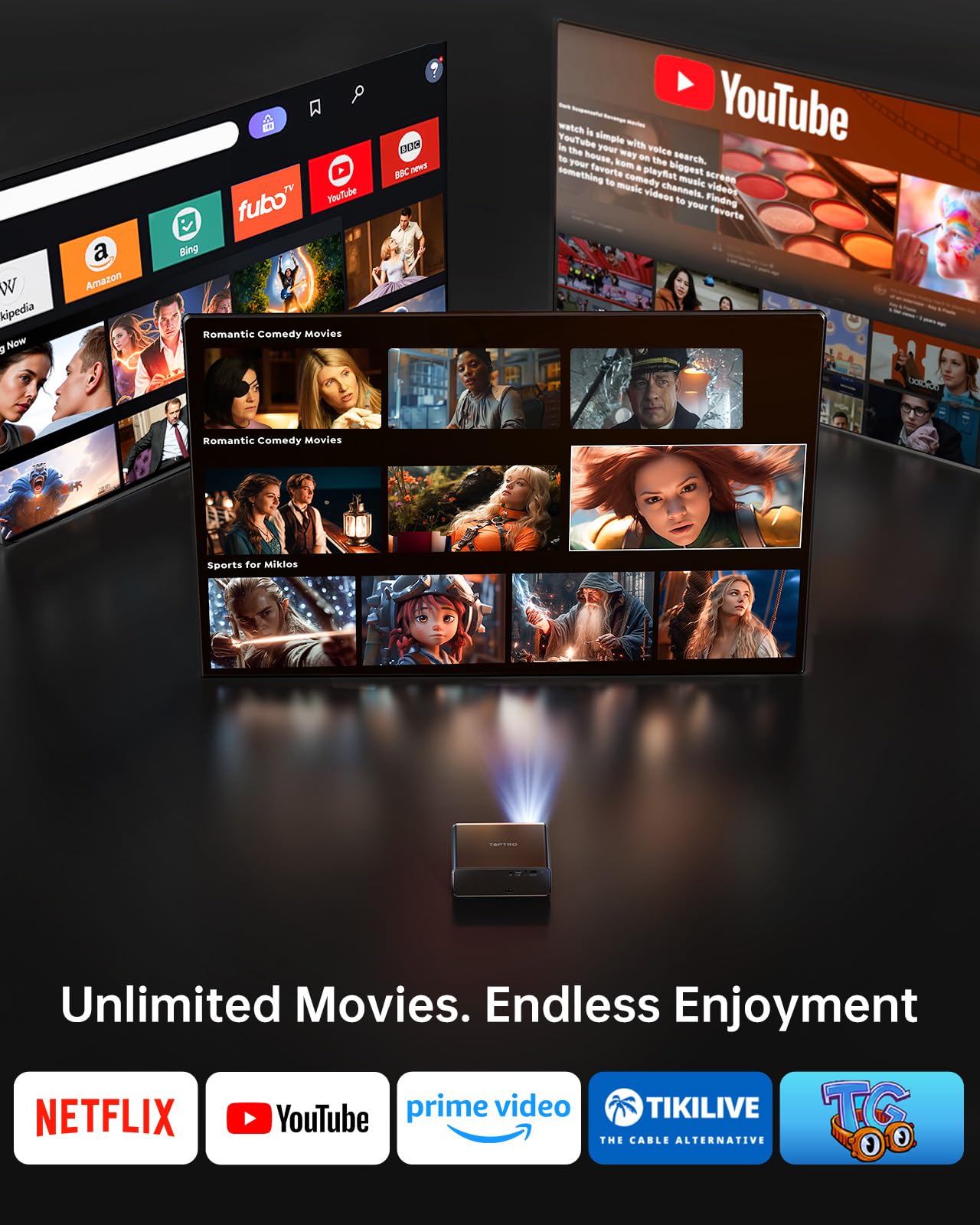 Smart Projector【1000 ANSI/Compatible with Netflix】4K Projector with WiFi 6 and 2-Way Bluetooth, AI Auto Focus & Keystone, 20W Dolby Audio,Built-in Apps,TOPTRO A1 Portable Proyector for Outdoor Movie