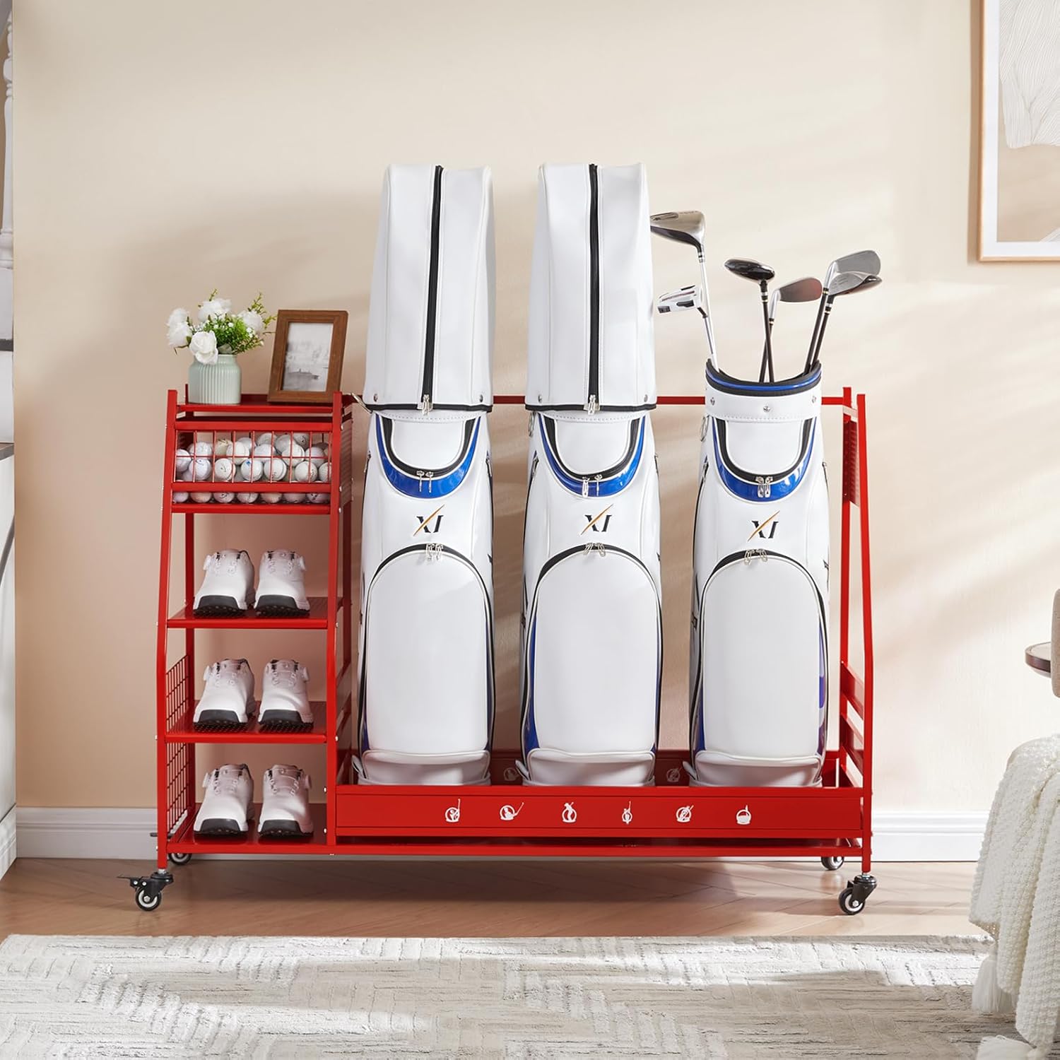 Lauren&Harold Golf Bag Organizer Garage Storage, Golf Storage Rack Stand Fits 2 Golf Bags, Golf Clubs and Other Golfing Equipment Accessories, Golf Organizer for Garage, Club, Shed, Basement