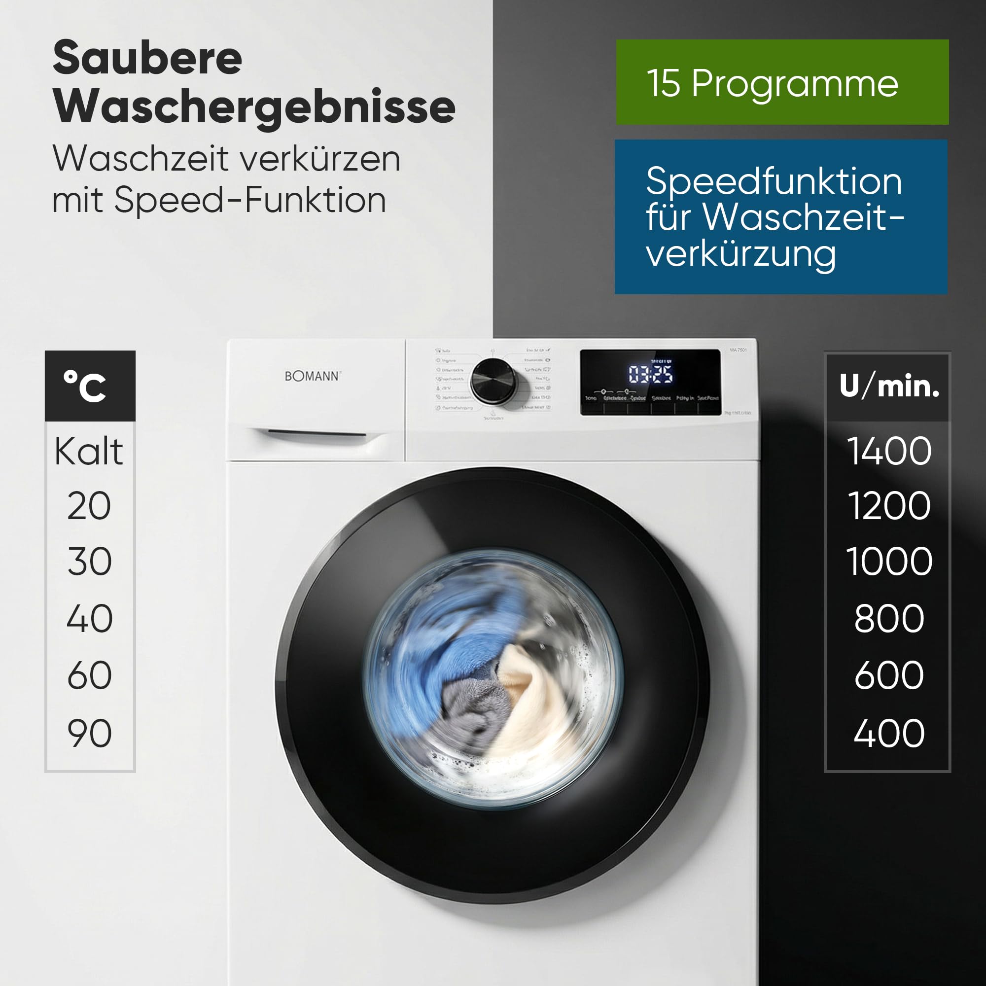 Bomann® Waschmaschine 7kg | 10 Jahre Motor-Garantie | Invertermotor - effizient, leise & langlebig | inkl. Aqua-Stop | max. 1400 U/min | 15 Programme | LED-Display | Washing Machine | WA 7501 weiß